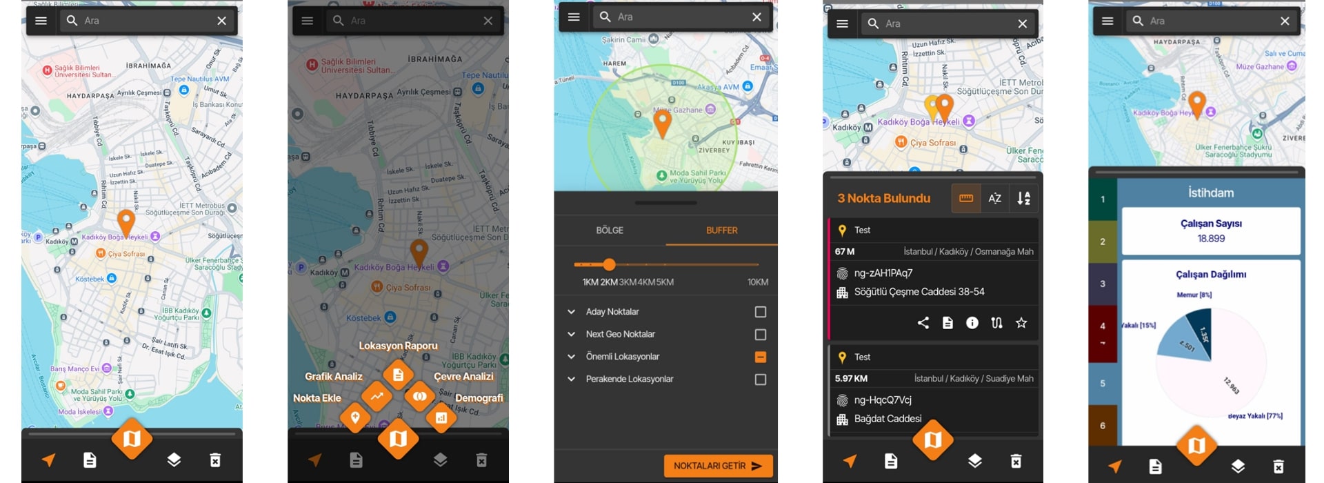 Lokasyon Analizi Mobile hızlı işlem menüsü: Kadıköy haritası üzerinde açılan yelpazede Lokasyon Raporu, Grafik Analiz, Çevre Analizi, Nokta Ekle ve Demografi seçenekleri.