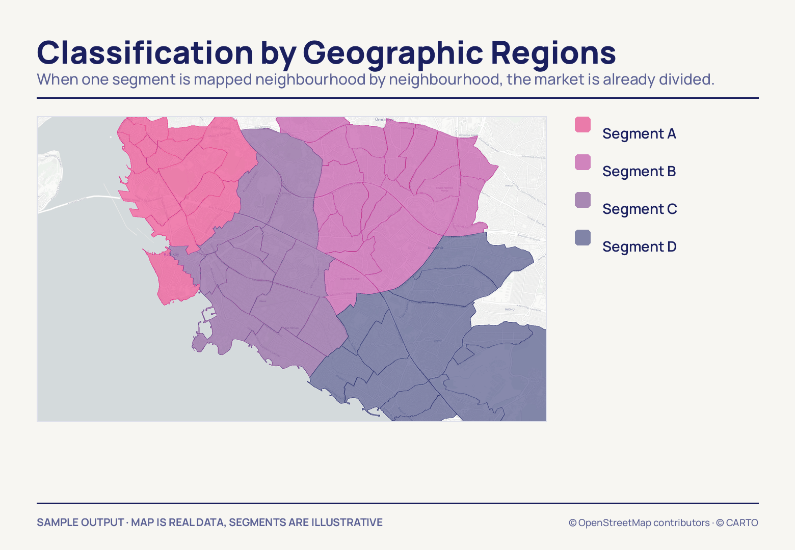 Neighbourhood boundaries across the Kadıköy–Ataşehir side washed in four segment colours, pink through to slate, with an A-to-D legend down the right.