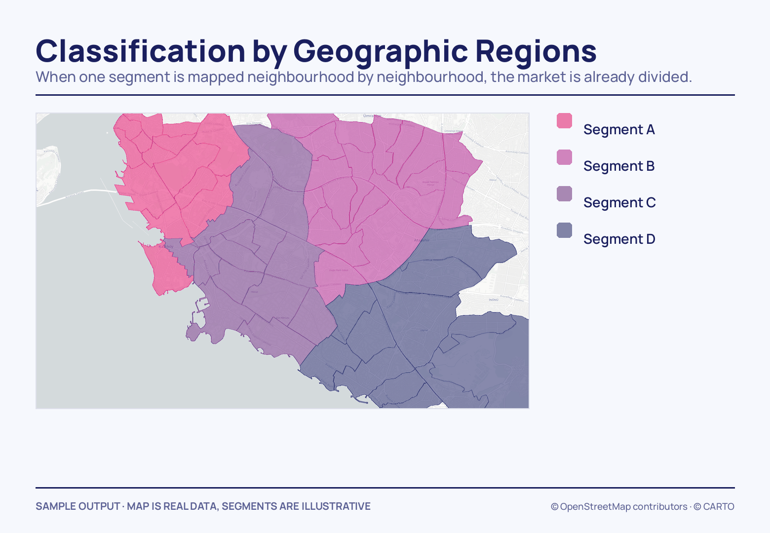 Neighbourhood boundaries across the Kadıköy–Ataşehir side washed in four segment colours, pink through to slate, with an A-to-D legend down the right.