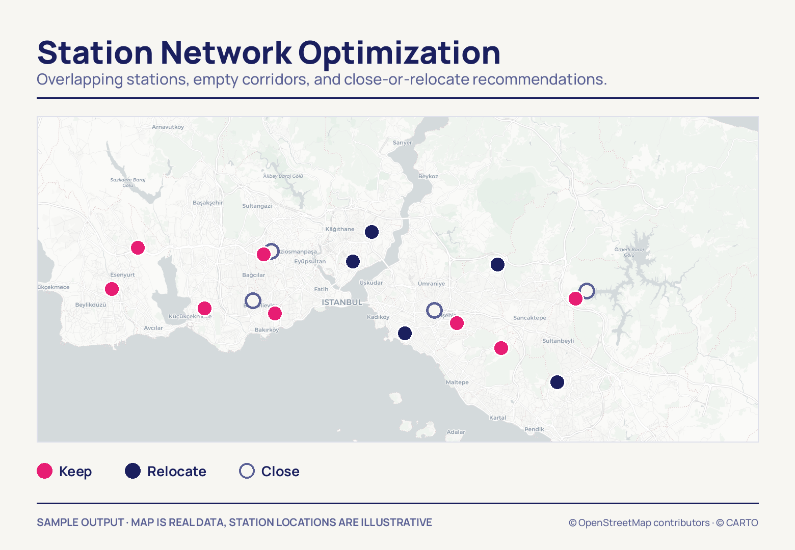 Seventeen station markers spread across both shores of an İstanbul map: eight pink ones to keep, five navy ones to relocate and four hollow rings to close.