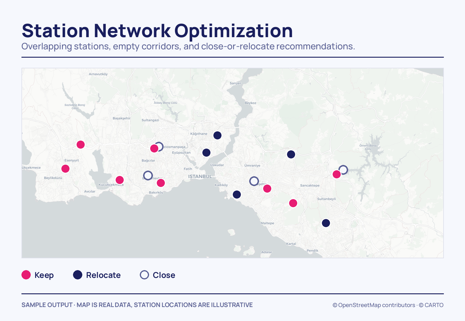 Seventeen station markers spread across both shores of an İstanbul map: eight pink ones to keep, five navy ones to relocate and four hollow rings to close.