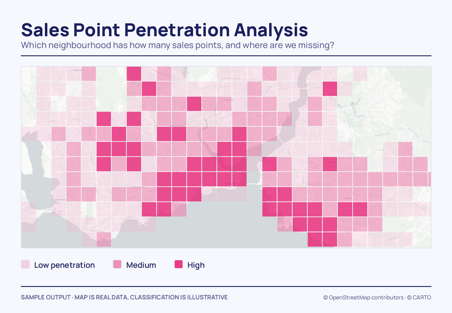 A grid of square cells covers the map of İstanbul in three shades of pink, palest at the edges and deepest in a cluster over the central districts and the southern Anatolian shore.