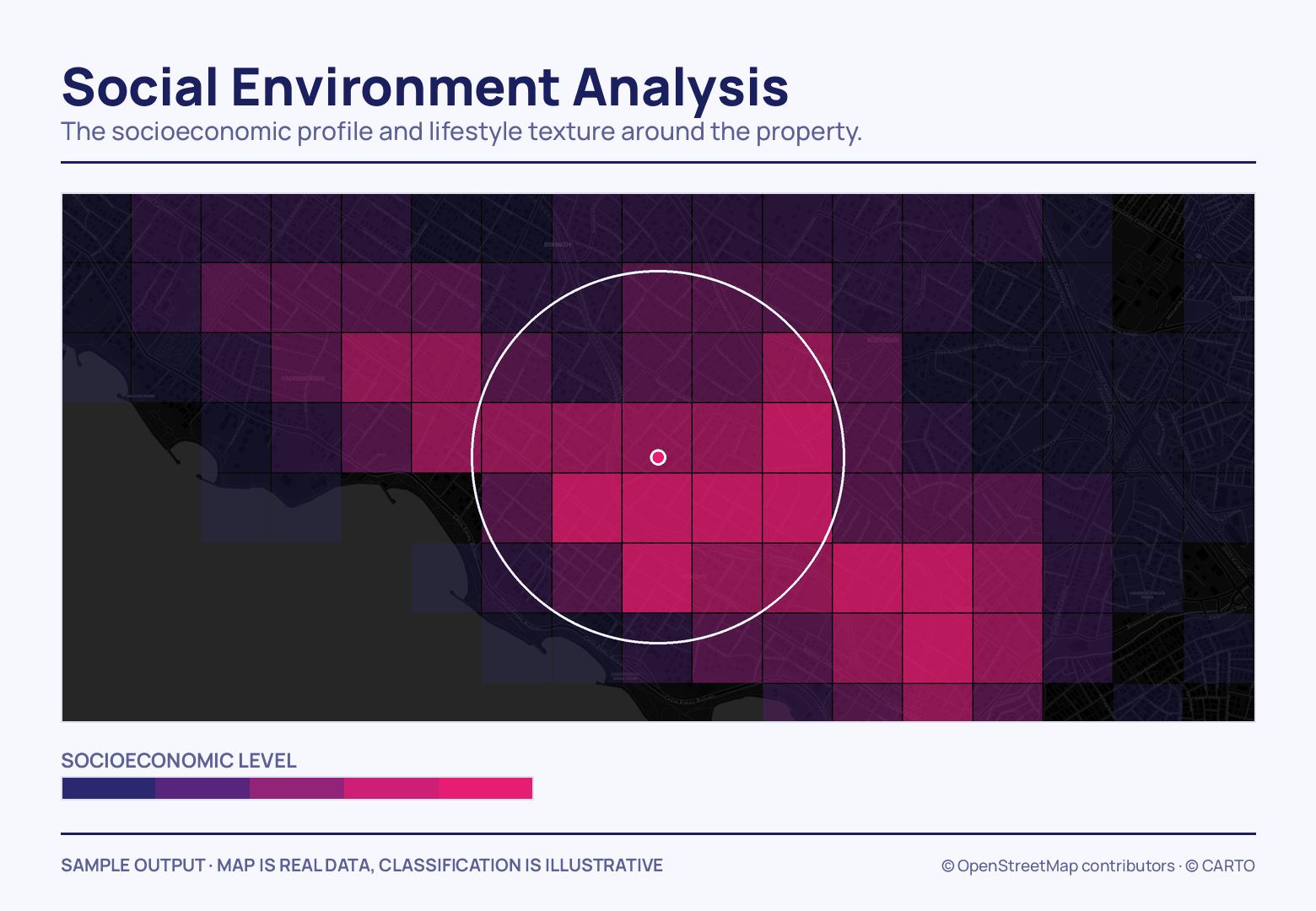 A dark map tiled with squares graded from deep navy to fuchsia, a white circle drawn around the property marker at the centre falling over the brightest tiles, and the colour scale below.