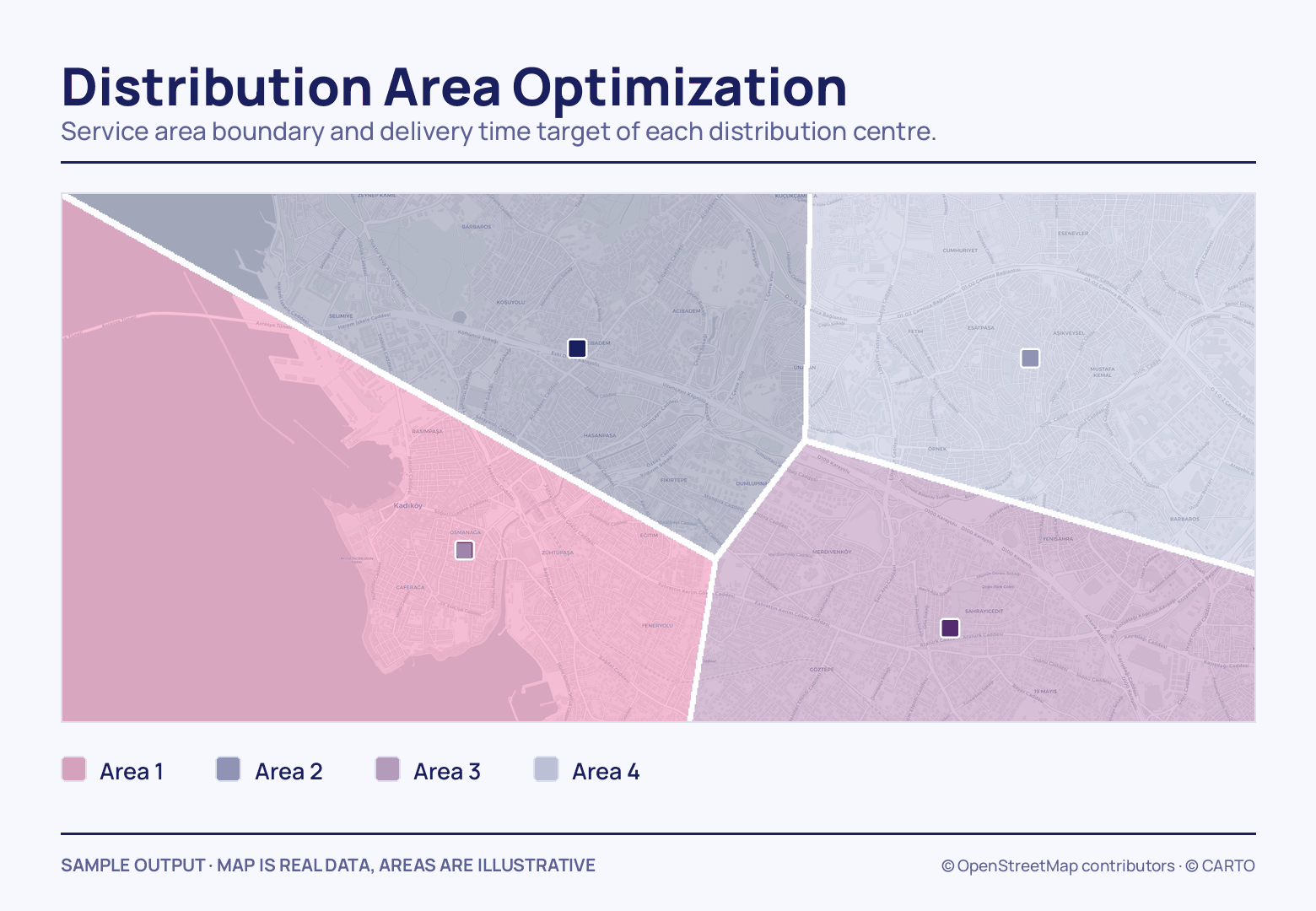 Thick white boundaries cut the city map into four coloured territories, pink, blue-grey, purple and pale lilac, each holding a square depot marker in its own colour.