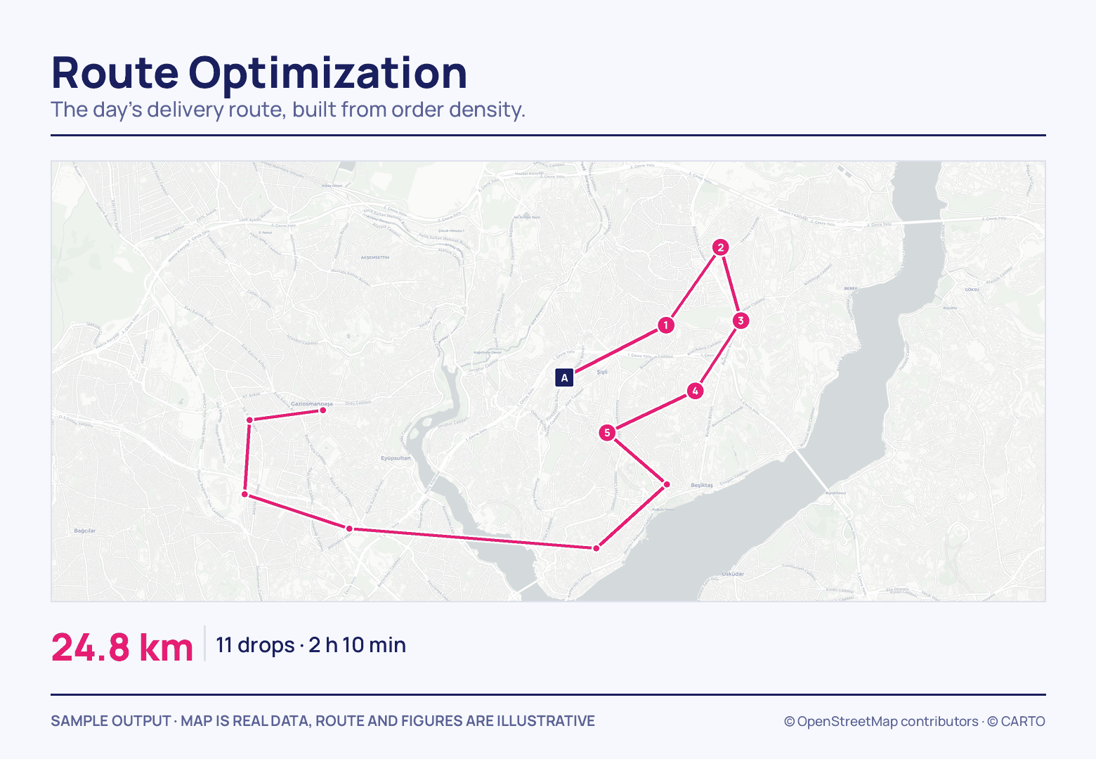 A pink line starts at the navy A marker, threads through stops numbered 1 to 5 and closes into a loop swinging west; below it read 24.8 km, 11 drops and 2 h 10 min.
