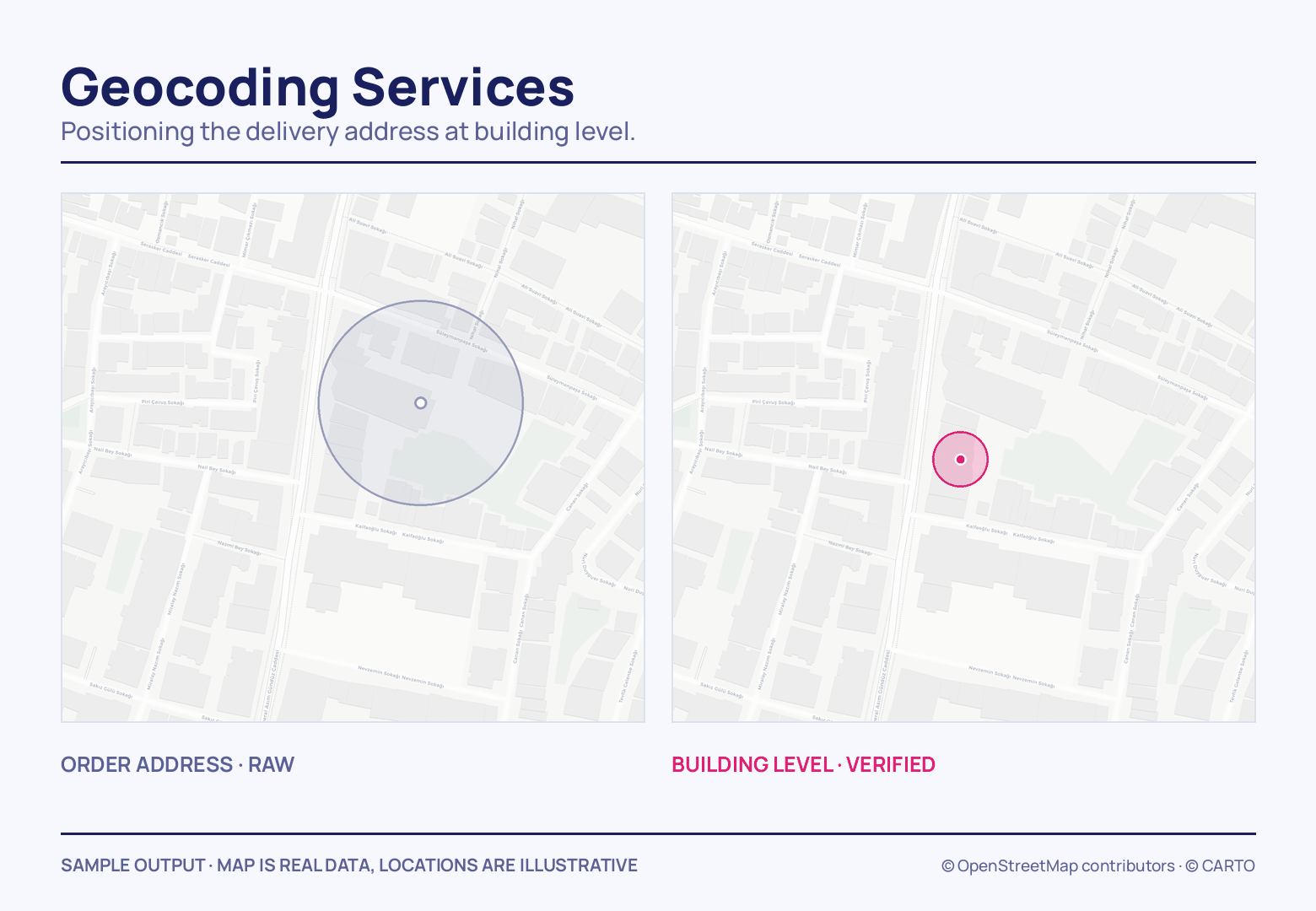Two street maps side by side: on the left a wide grey-blue uncertainty circle around the address dot, on the right the same streets with a much smaller pink circle sitting on the building.