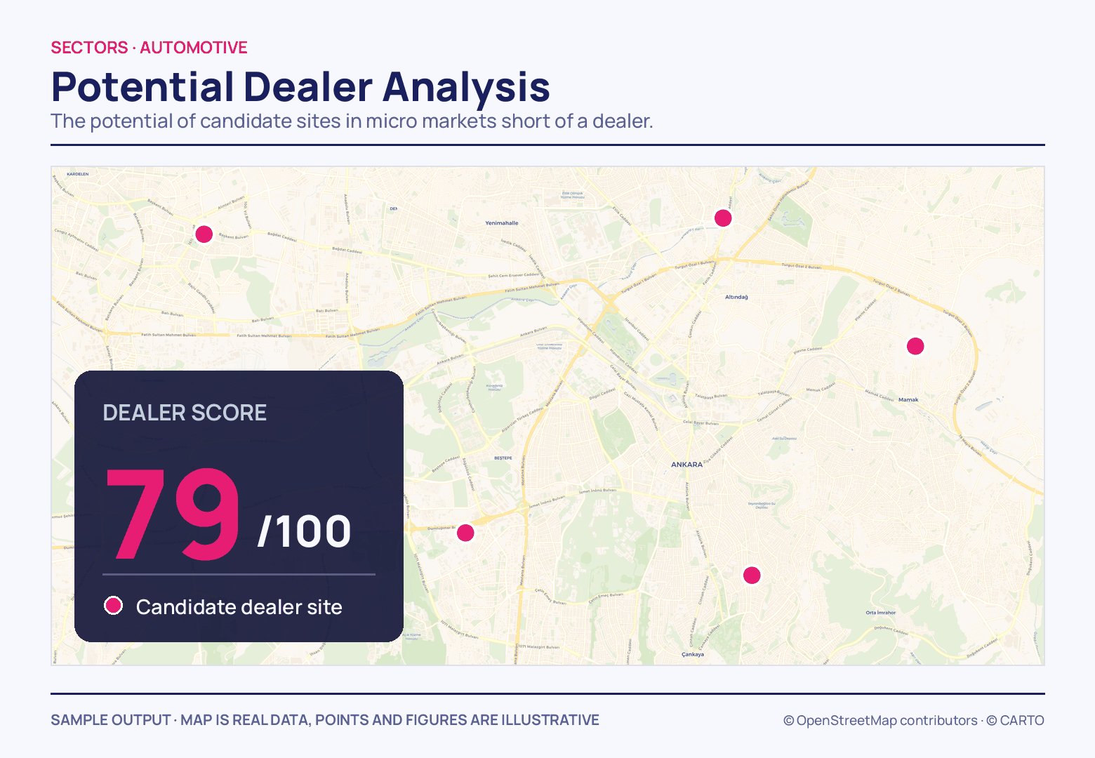 Five magenta dots scattered over a pale street map of Ankara, with a navy card at lower left carrying a dealer score of 79 out of 100 and the key to what the dots are.