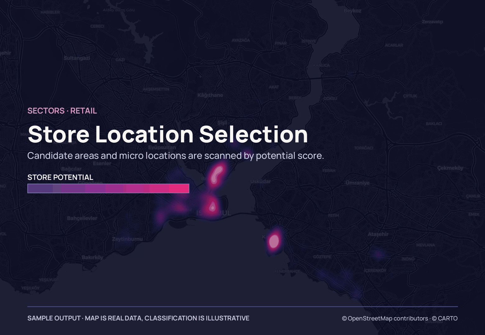A dark İstanbul basemap covering both shores, magenta heat blooms massed along the Şişli–Beyoğlu spine and fading across in Kadıköy, with a bar grading indigo to magenta at left.