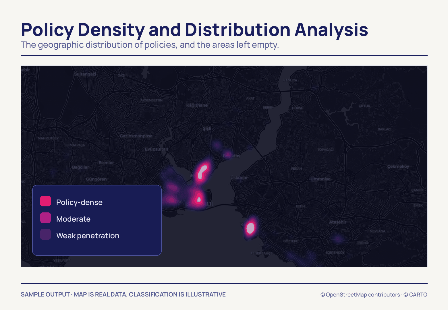 Policy clusters burn bright pink around the Bosphorus mouth and Beyoğlu on a dark İstanbul map and fade eastwards, with a three-class colour legend at lower left.