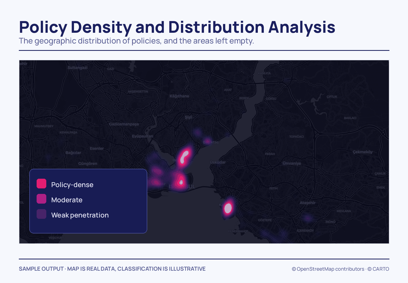 Policy clusters burn bright pink around the Bosphorus mouth and Beyoğlu on a dark İstanbul map and fade eastwards, with a three-class colour legend at lower left.