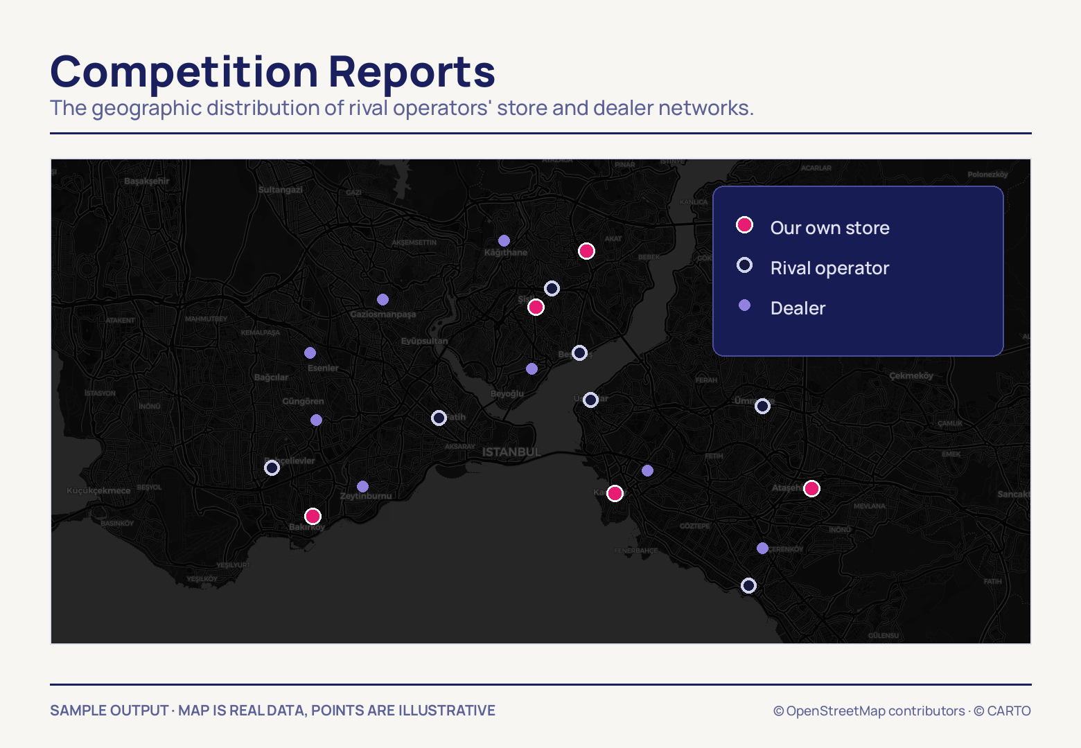 Twenty points scattered over a dark İstanbul map in three kinds: five pink own stores, seven white-ringed rival operators and eight violet dealers, with a legend box at top right.