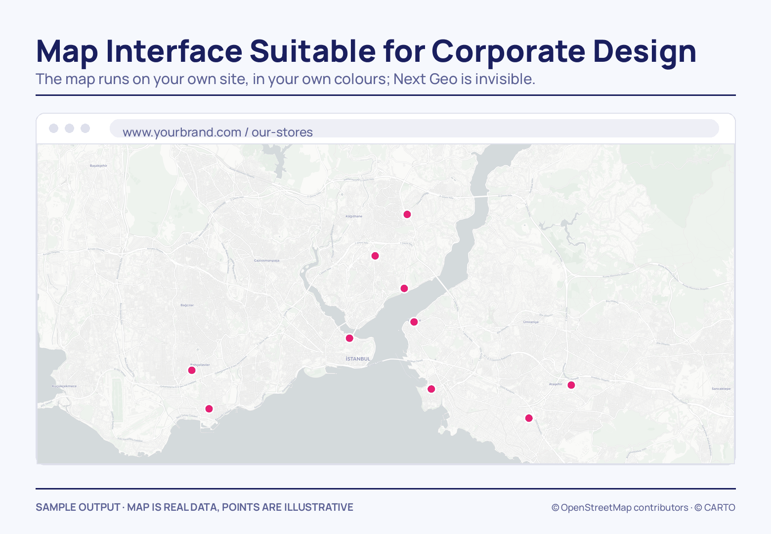 A browser window drawn around the map: three dots and an address bar carrying the brand's own URL at the top, and beneath it an edge-to-edge map of Istanbul with 10 magenta store pins on both shores.