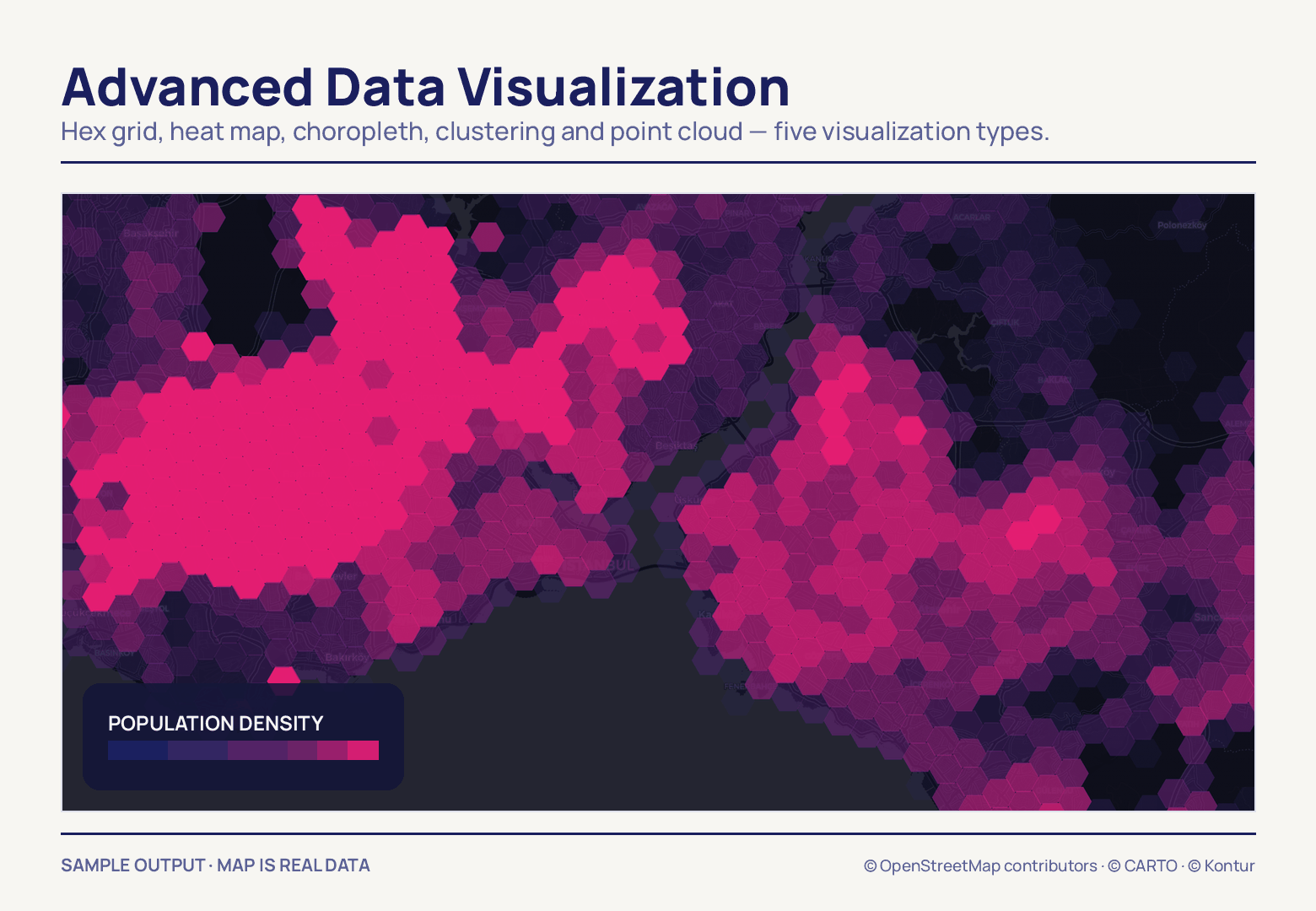 A grid of hexagons blankets the neighbourhoods on both shores, cells shading from dark navy to hot pink, with a population-density colour ramp in a card at the lower left.
