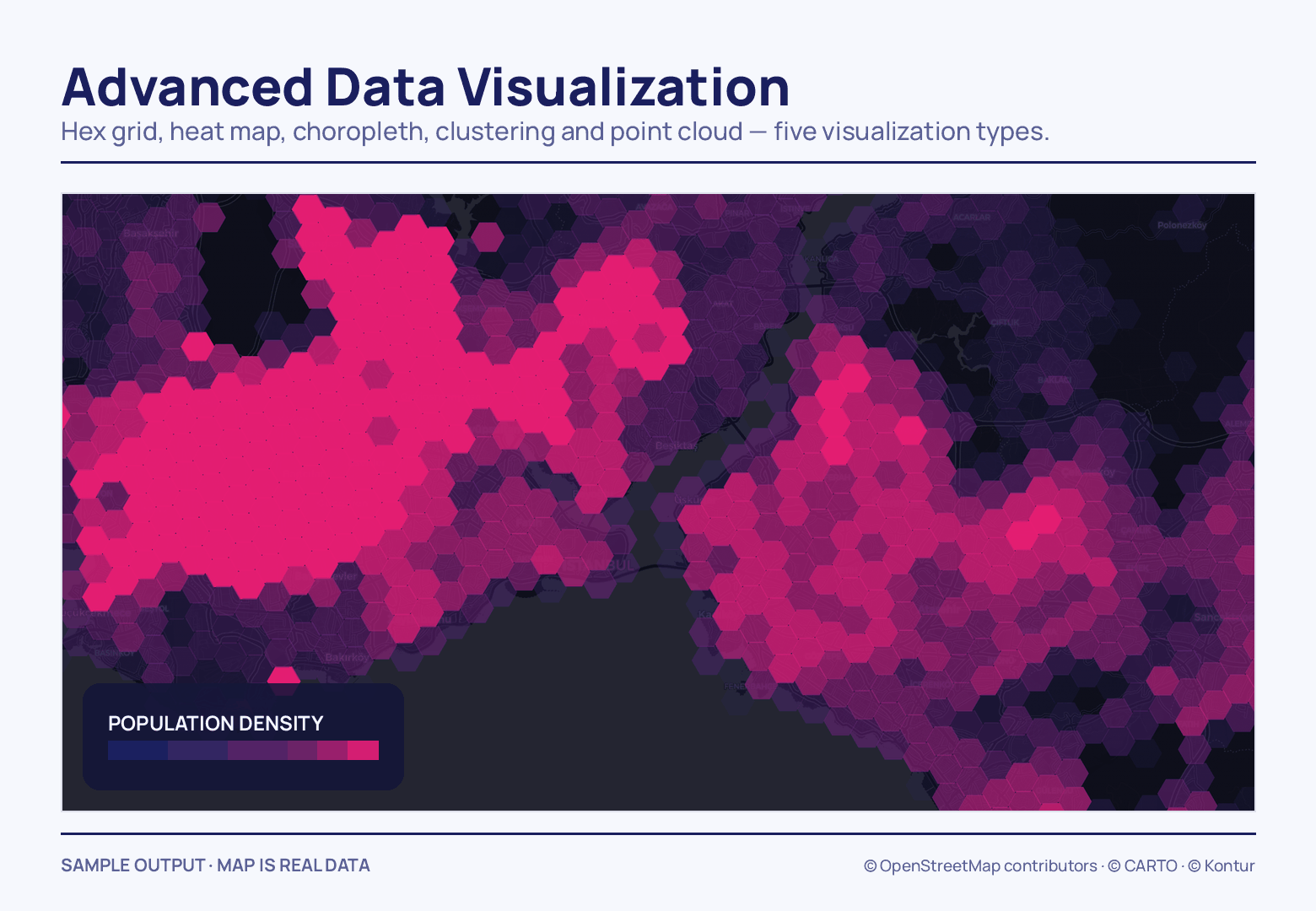 A grid of hexagons blankets the neighbourhoods on both shores, cells shading from dark navy to hot pink, with a population-density colour ramp in a card at the lower left.