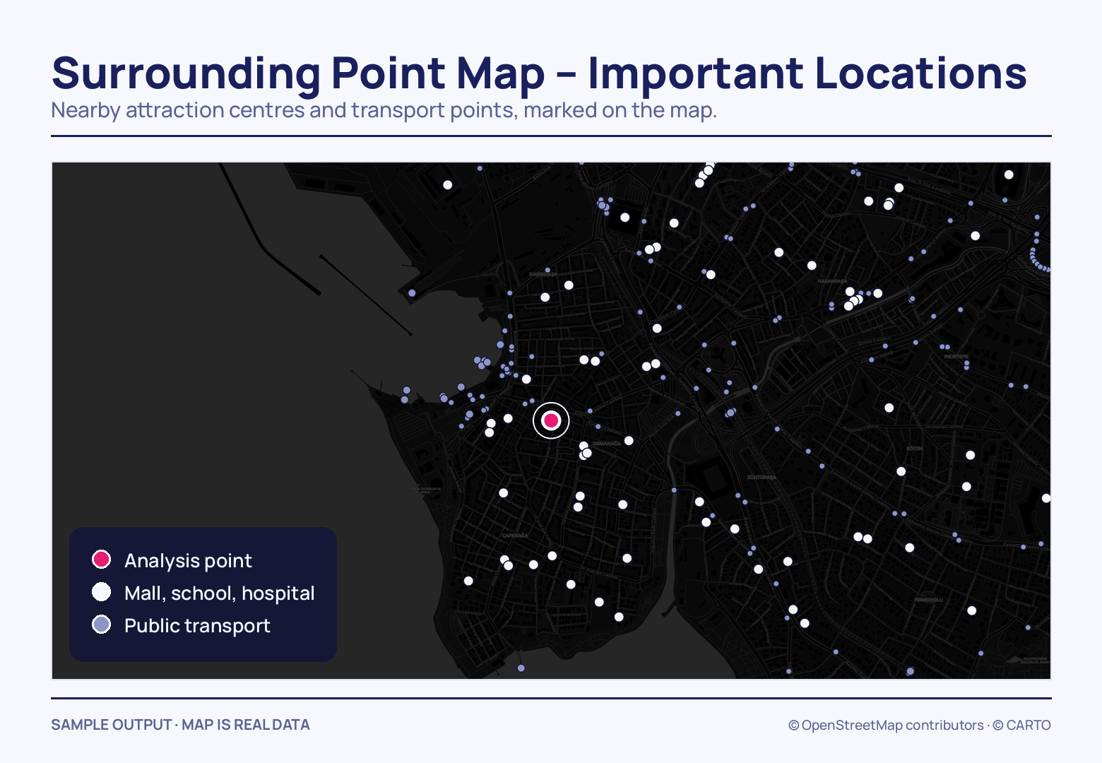 A pink analysis point in a white ring sits mid-map, surrounded by scattered white dots for malls, schools and hospitals and pale blue ones for public transport, keyed at lower left.