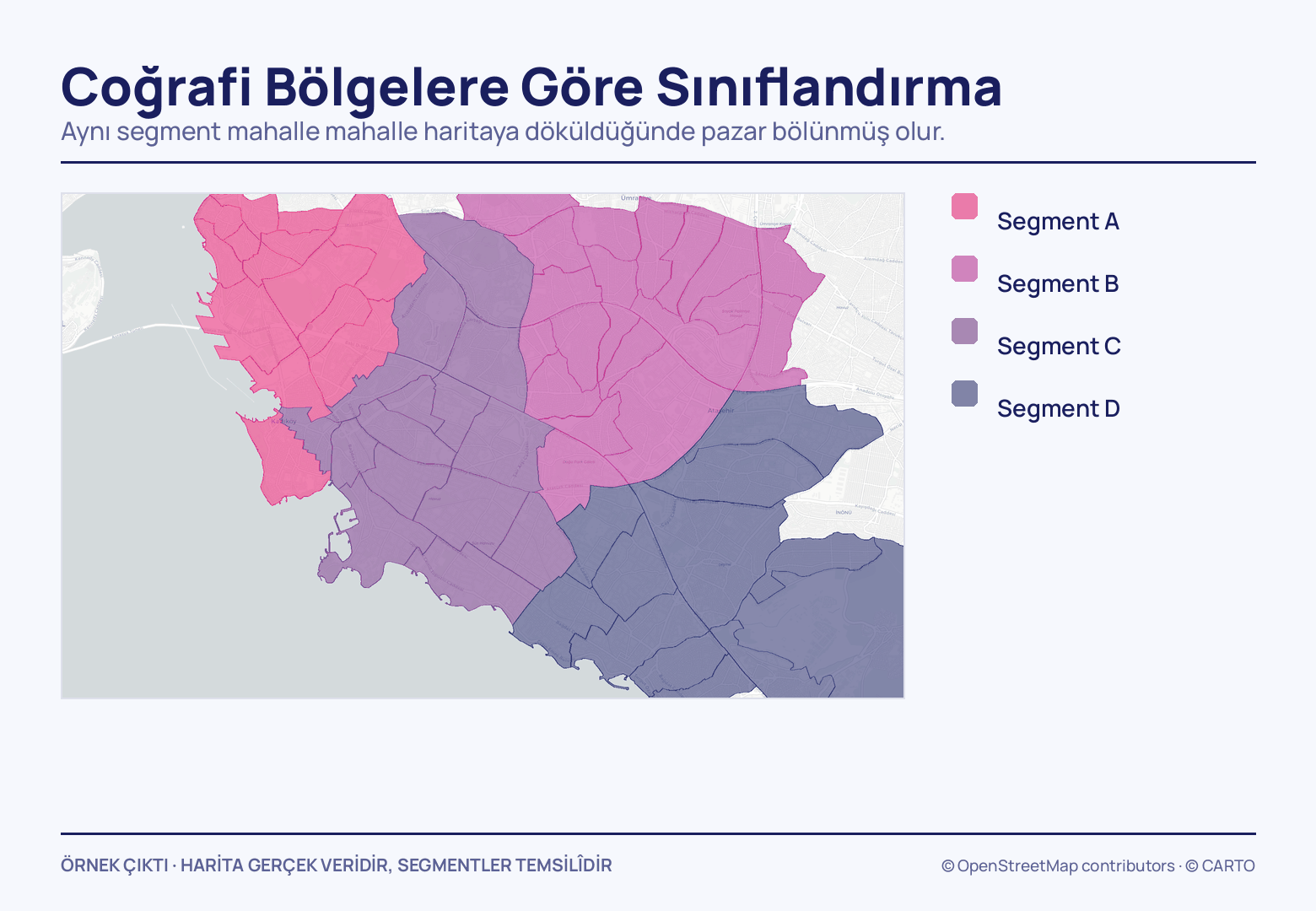 Kadıköy–Ataşehir yakasındaki mahalle sınırları pembeden lacivere dört segment rengiyle boyanmış; sağ kenarda A'dan D'ye uzanan gösterge.