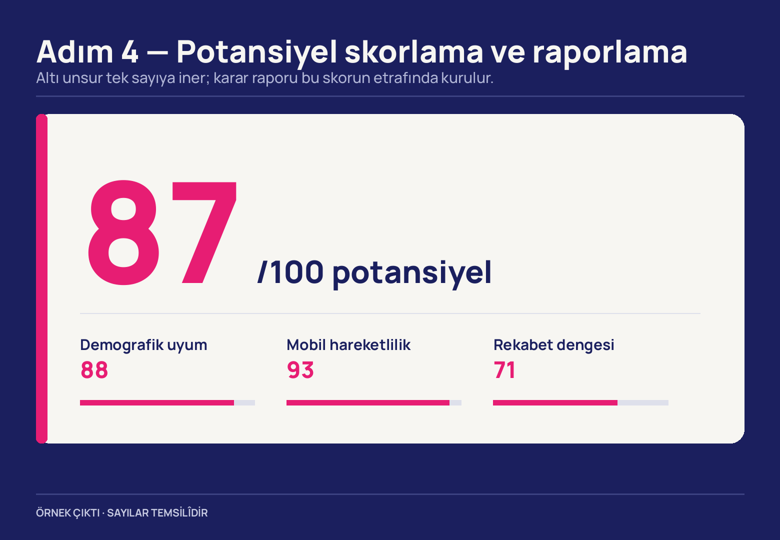 Lacivert zemindeki krem kartta devasa pembe 87 ve yanında /100 potansiyel; altta çubuklarıyla üç kırılım: demografik uyum 88, mobil hareketlilik 93, rekabet dengesi 71.