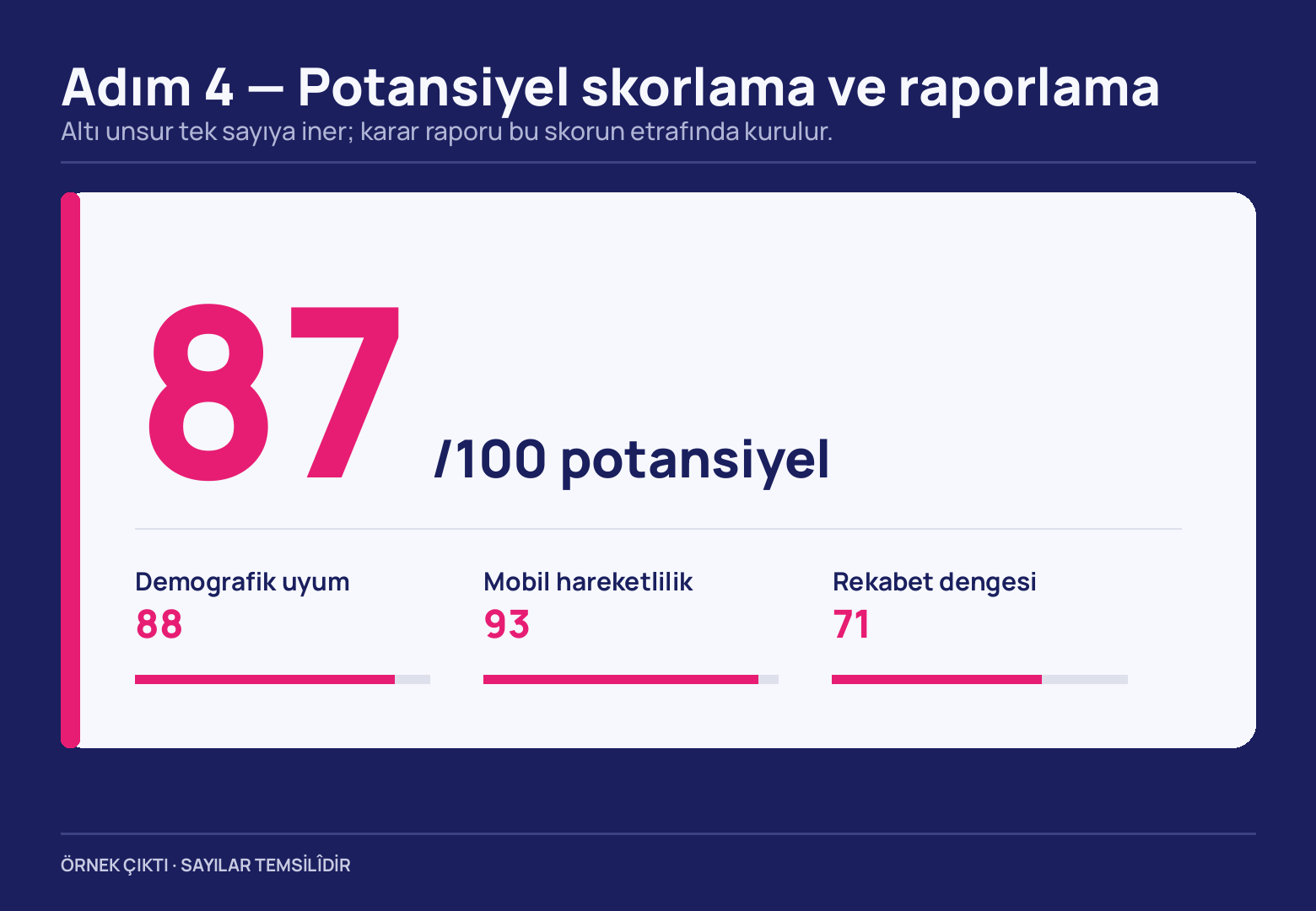 Lacivert zemindeki krem kartta devasa pembe 87 ve yanında /100 potansiyel; altta çubuklarıyla üç kırılım: demografik uyum 88, mobil hareketlilik 93, rekabet dengesi 71.