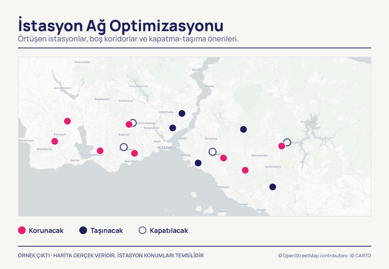 İstanbul haritasına iki yaka boyunca dağılmış on yedi istasyon işareti: sekizi pembe, korunacak; beşi lacivert, taşınacak; dördü içi boş halka, kapatılacak.