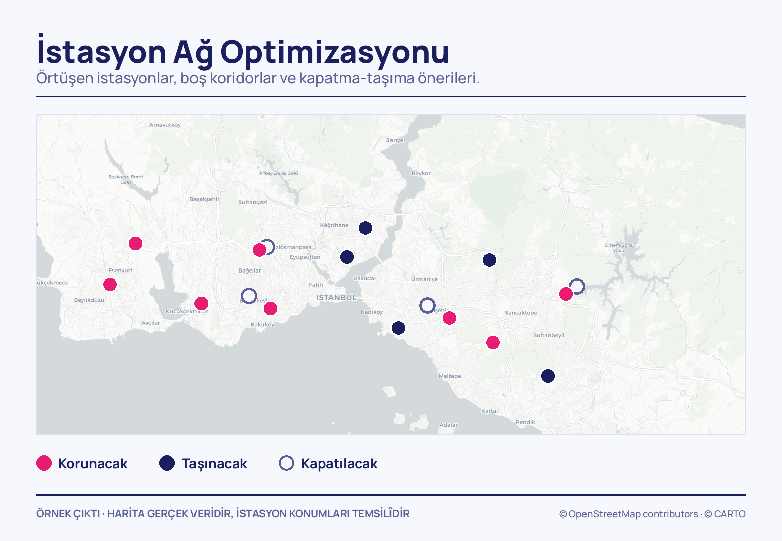 İstanbul haritasına iki yaka boyunca dağılmış on yedi istasyon işareti: sekizi pembe, korunacak; beşi lacivert, taşınacak; dördü içi boş halka, kapatılacak.