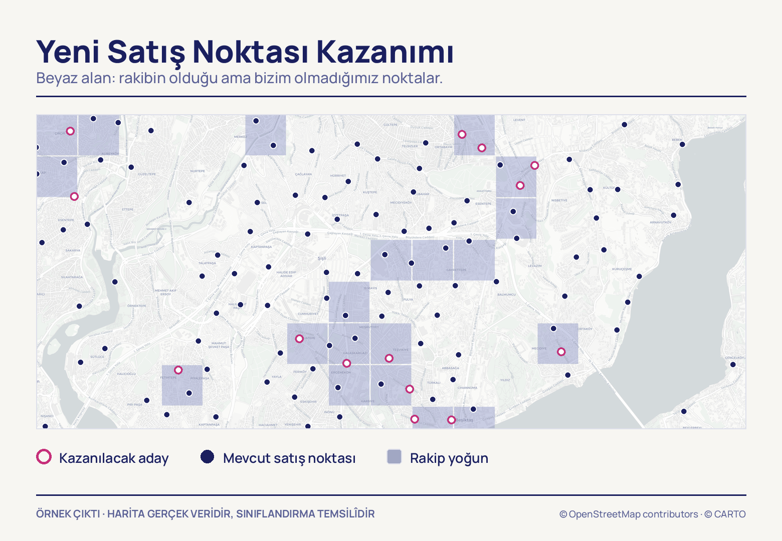 Yakınlaştırılmış sokak haritasında onlarca dolu lacivert nokta mevcut satış noktalarını, açık mor kareler rakip yoğun blokları, bu karelerin içindeki 14 pembe halka adayları gösteriyor.
