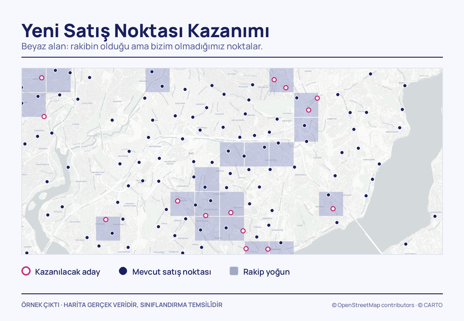 Yakınlaştırılmış sokak haritasında onlarca dolu lacivert nokta mevcut satış noktalarını, açık mor kareler rakip yoğun blokları, bu karelerin içindeki 14 pembe halka adayları gösteriyor.