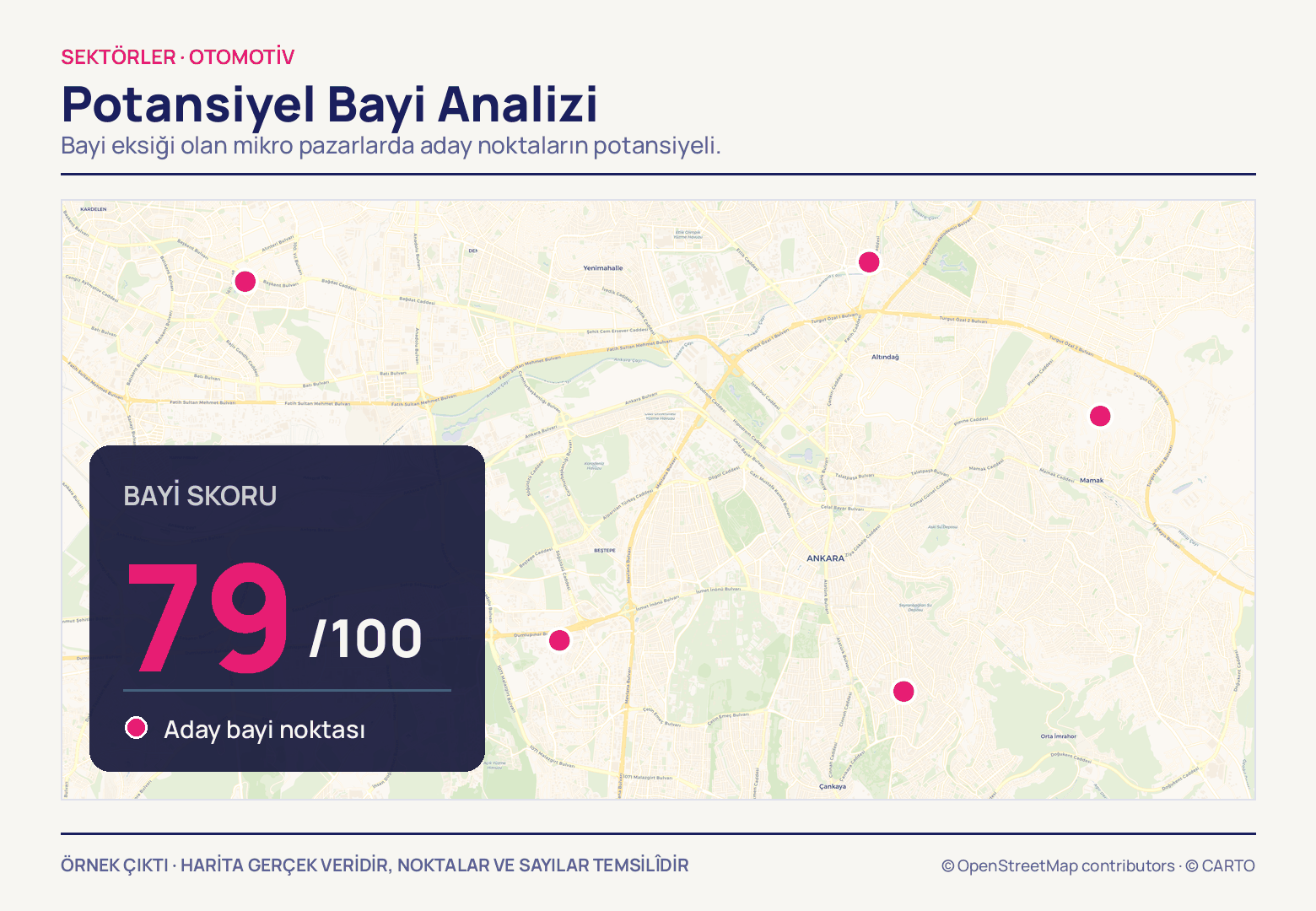 Açık tonlu Ankara sokak haritasına dağılmış beş magenta nokta; sol altta lacivert bir kart 100 üzerinden 79'luk bayi skorunu ve noktaların ne olduğunu taşıyor.