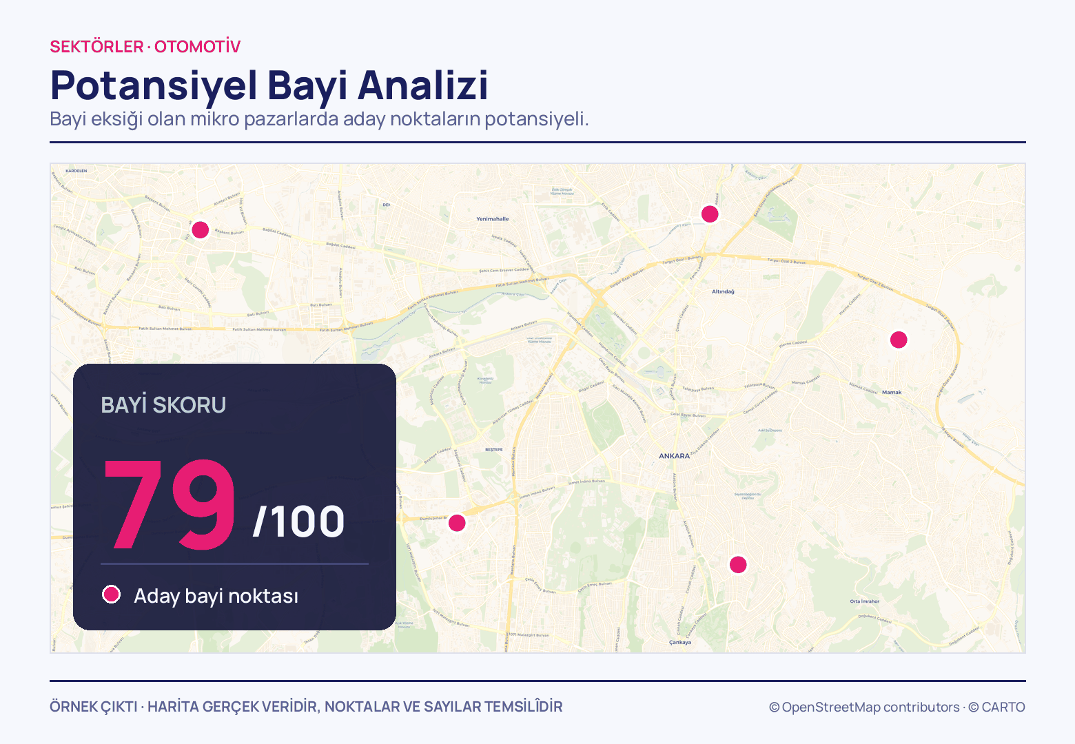 Açık tonlu Ankara sokak haritasına dağılmış beş magenta nokta; sol altta lacivert bir kart 100 üzerinden 79'luk bayi skorunu ve noktaların ne olduğunu taşıyor.