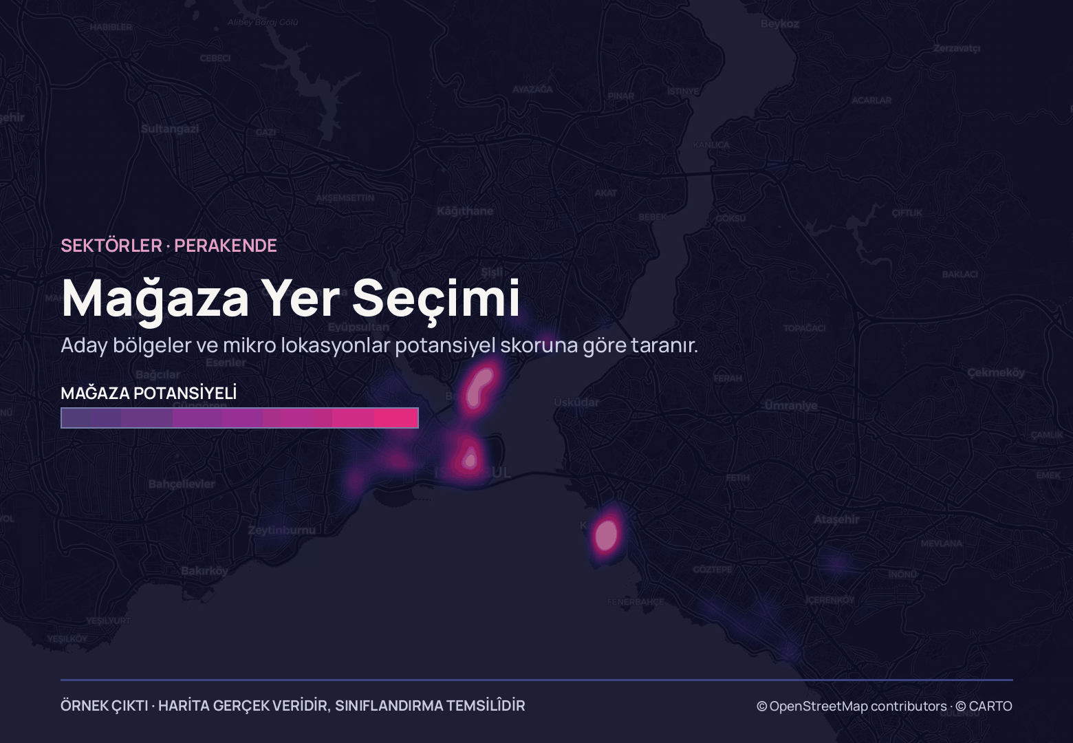 Boğaz'ın iki yakasını kaplayan koyu İstanbul haritasında magenta ısı lekeleri Şişli–Beyoğlu hattında yoğunlaşıp Kadıköy tarafında soluyor; solda lacivertten magentaya geçen ölçek çubuğu.