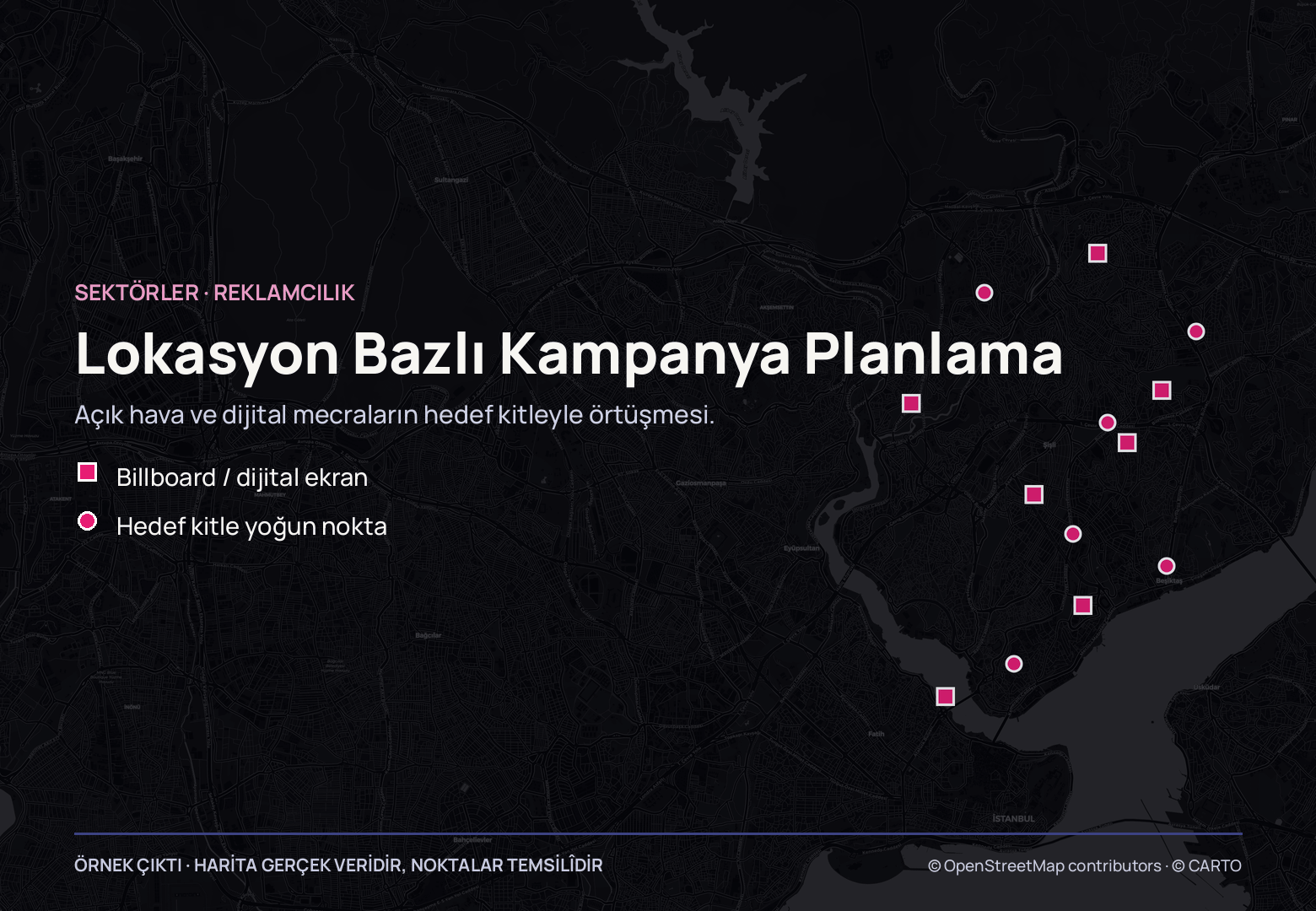 Neredeyse siyah İstanbul haritasının sağ yarısında yedi magenta kare ile altı magenta daire iç içe serpiştirilmiş; solda başlığın altında iki simgeli anahtar.