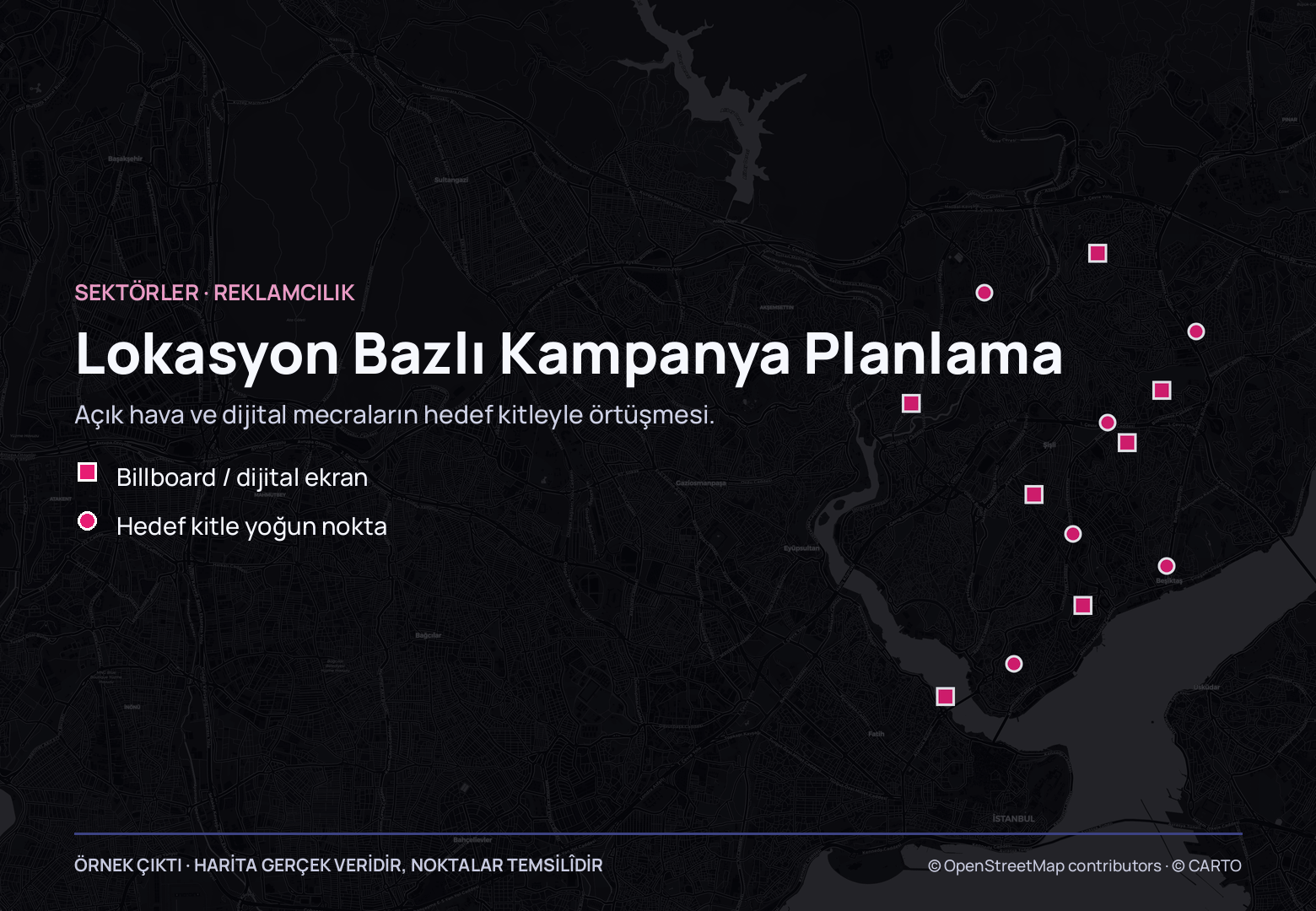 Neredeyse siyah İstanbul haritasının sağ yarısında yedi magenta kare ile altı magenta daire iç içe serpiştirilmiş; solda başlığın altında iki simgeli anahtar.