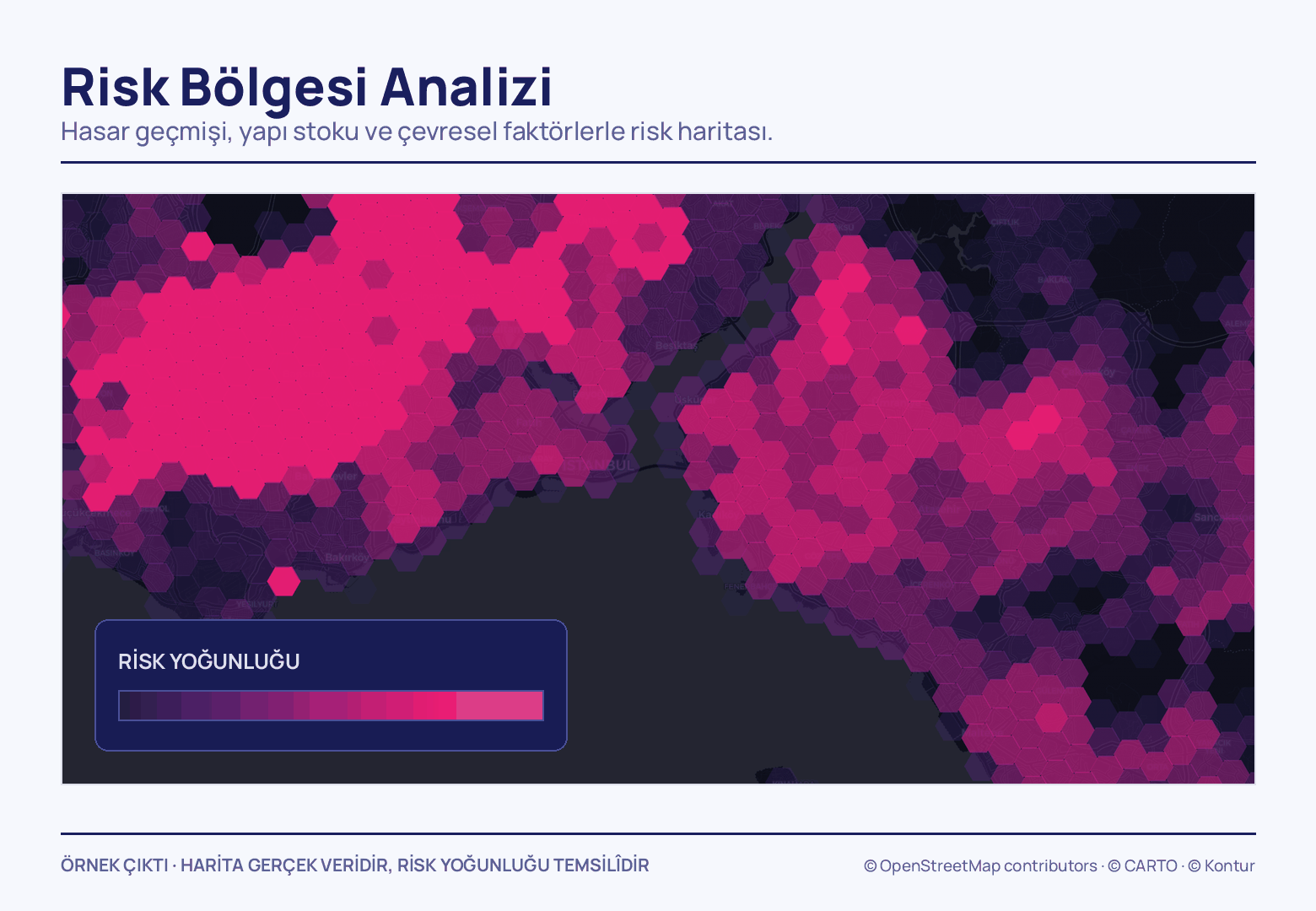 İstanbul'un iki yakasını da kaplayan altıgen hücreli risk haritası; hücreler koyu mordan parlak magentaya kadar değişiyor, sol altta renk geçişli risk yoğunluğu ölçeği duruyor.