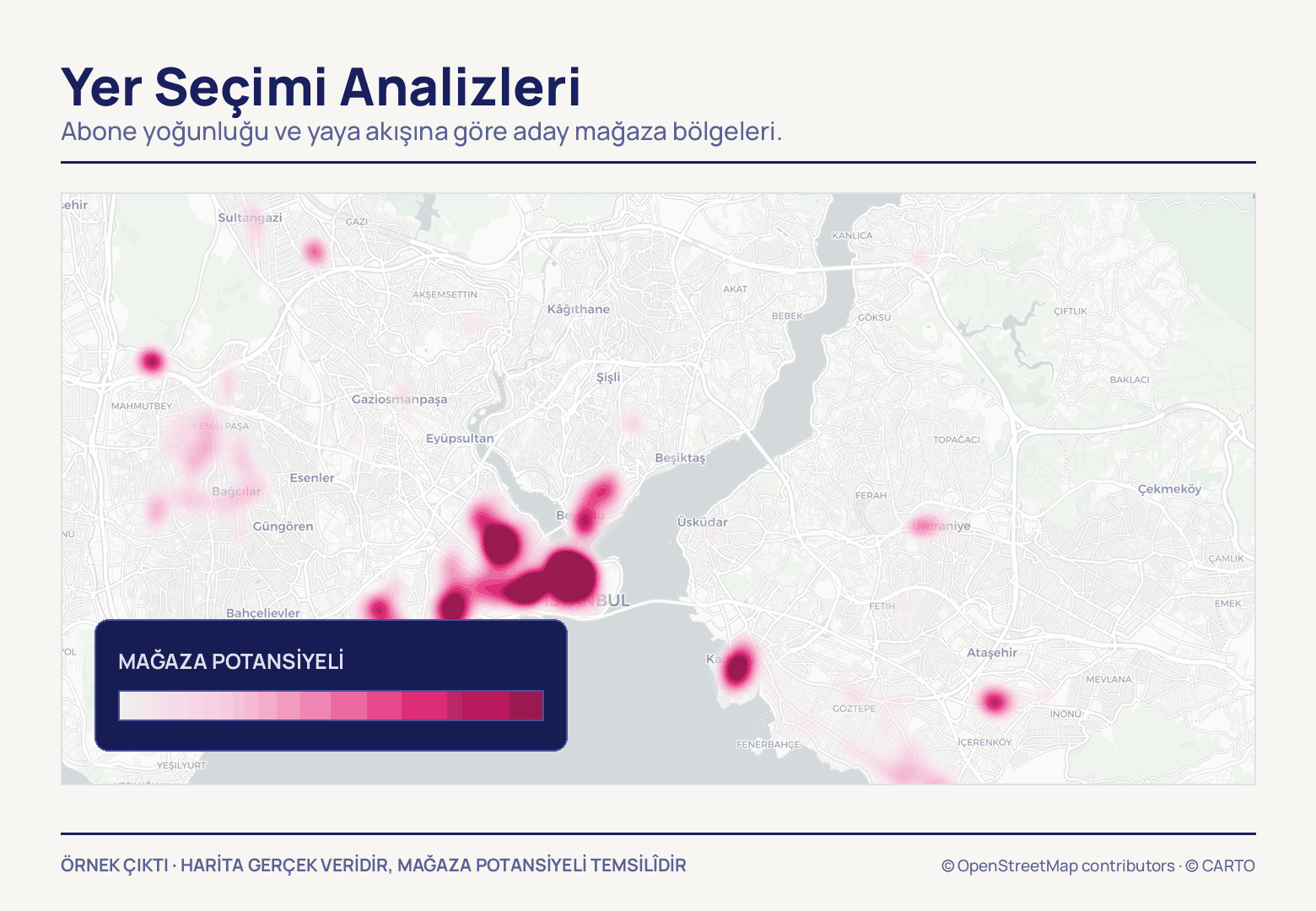 Açık gri İstanbul sokak haritasında pembe ısı lekeleri tarihi yarımada ve Beyoğlu hattında koyulaşıp Anadolu yakasında seyrekleşiyor; sol altta mağaza potansiyeli ölçeği duruyor.