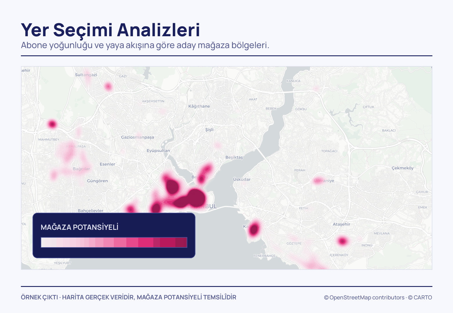 Açık gri İstanbul sokak haritasında pembe ısı lekeleri tarihi yarımada ve Beyoğlu hattında koyulaşıp Anadolu yakasında seyrekleşiyor; sol altta mağaza potansiyeli ölçeği duruyor.