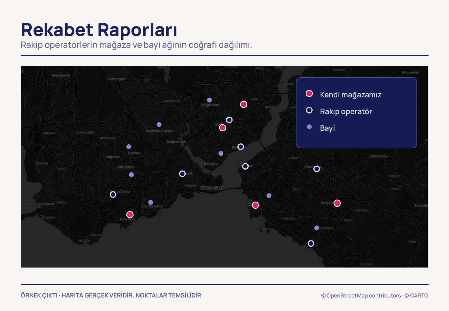 Koyu İstanbul haritasına serpilmiş yirmi nokta üç türde: beş pembe kendi mağazamız, yedi beyaz halkalı rakip operatör, sekiz mor bayi; sağ üstte lejant kutusu.