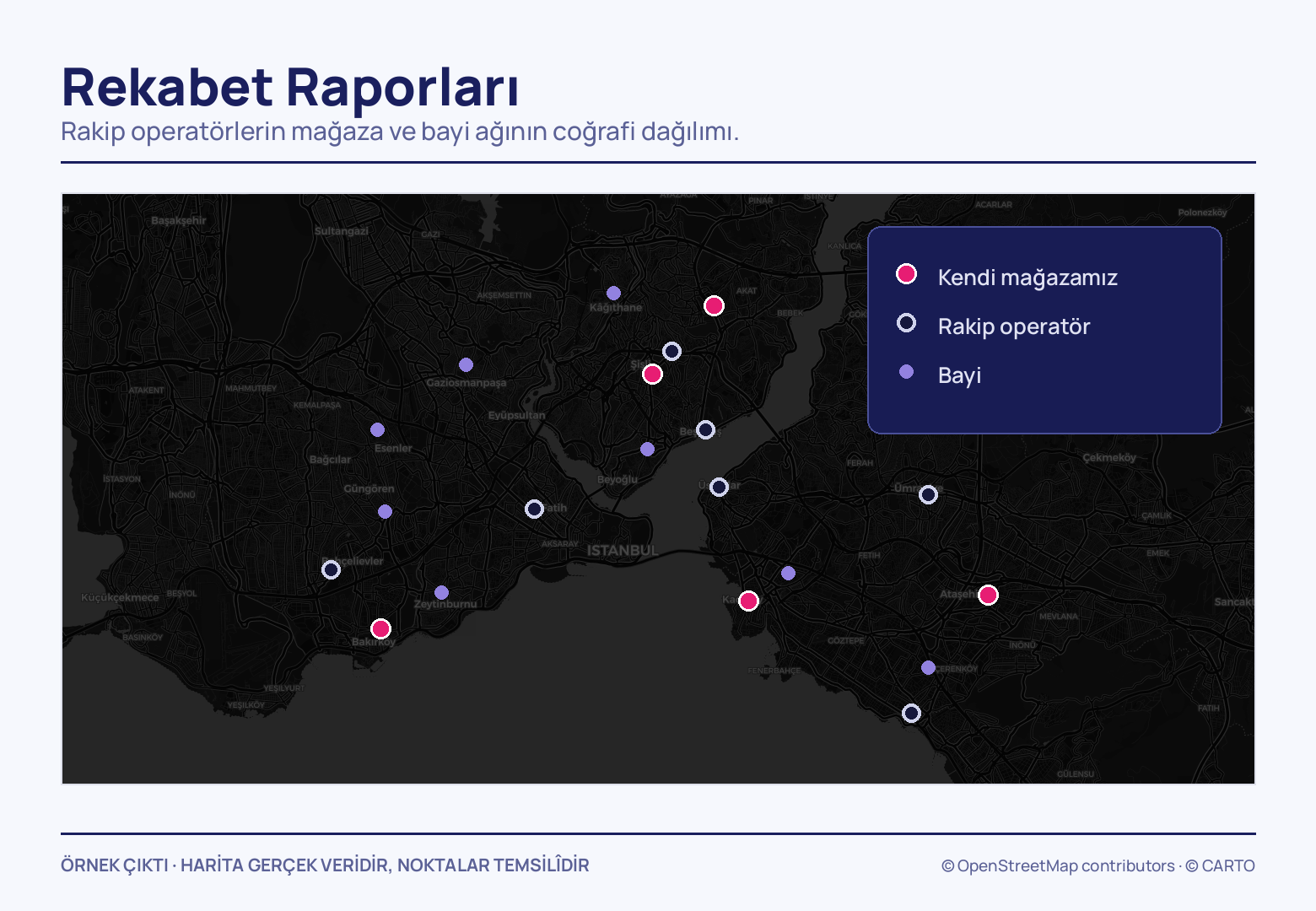Koyu İstanbul haritasına serpilmiş yirmi nokta üç türde: beş pembe kendi mağazamız, yedi beyaz halkalı rakip operatör, sekiz mor bayi; sağ üstte lejant kutusu.