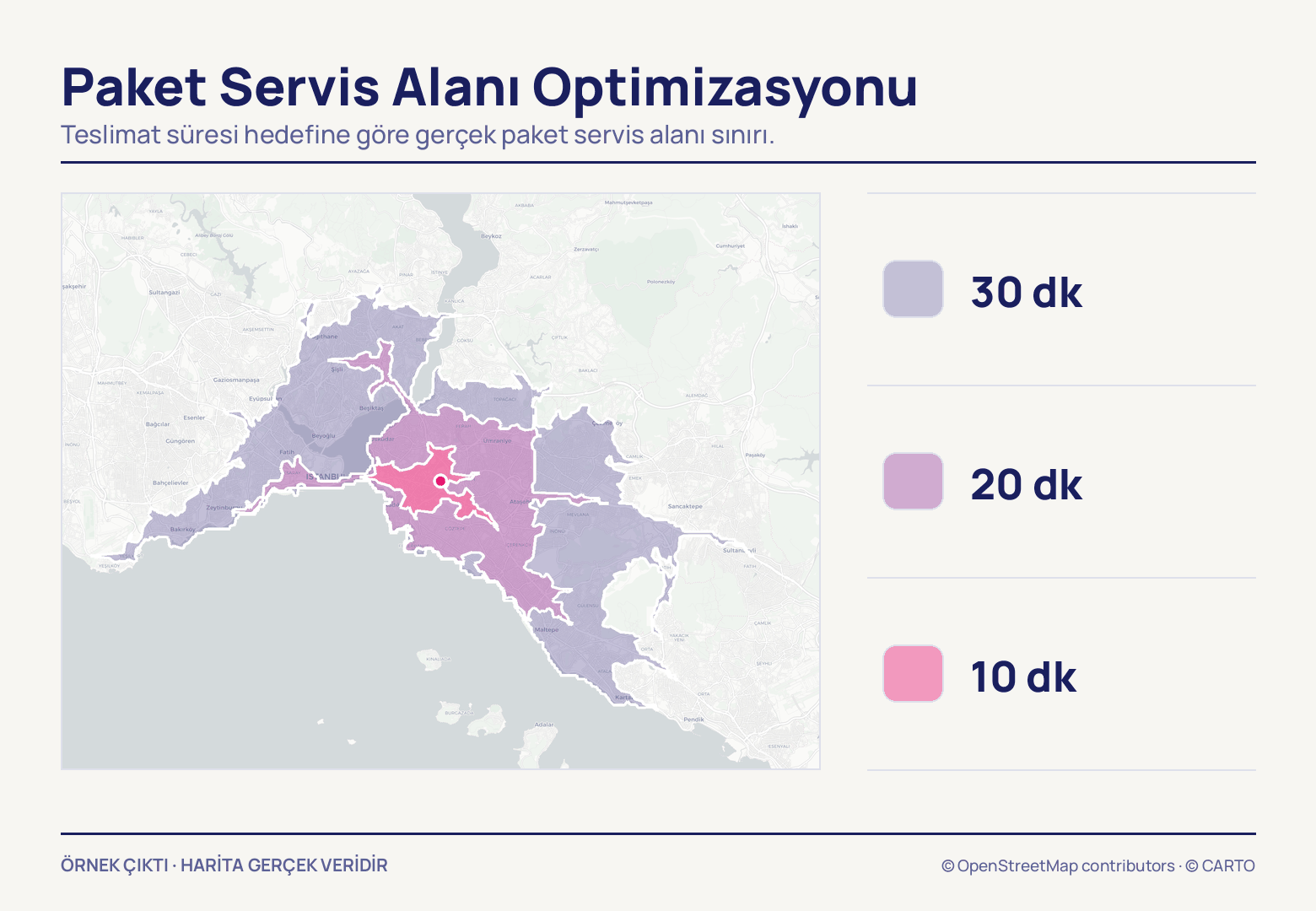 İstanbul haritasında, Anadolu yakasındaki noktadan yayılan beyaz konturlu üç iç içe sürüş süresi alanı: pembe çekirdek, onu saran mor ve Boğaz'ı aşıp iki yakaya uzanan soluk mor.