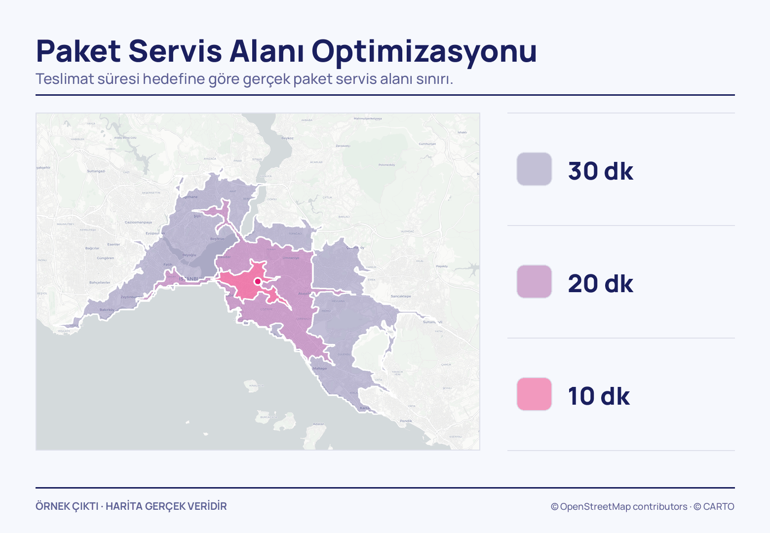 İstanbul haritasında, Anadolu yakasındaki noktadan yayılan beyaz konturlu üç iç içe sürüş süresi alanı: pembe çekirdek, onu saran mor ve Boğaz'ı aşıp iki yakaya uzanan soluk mor.