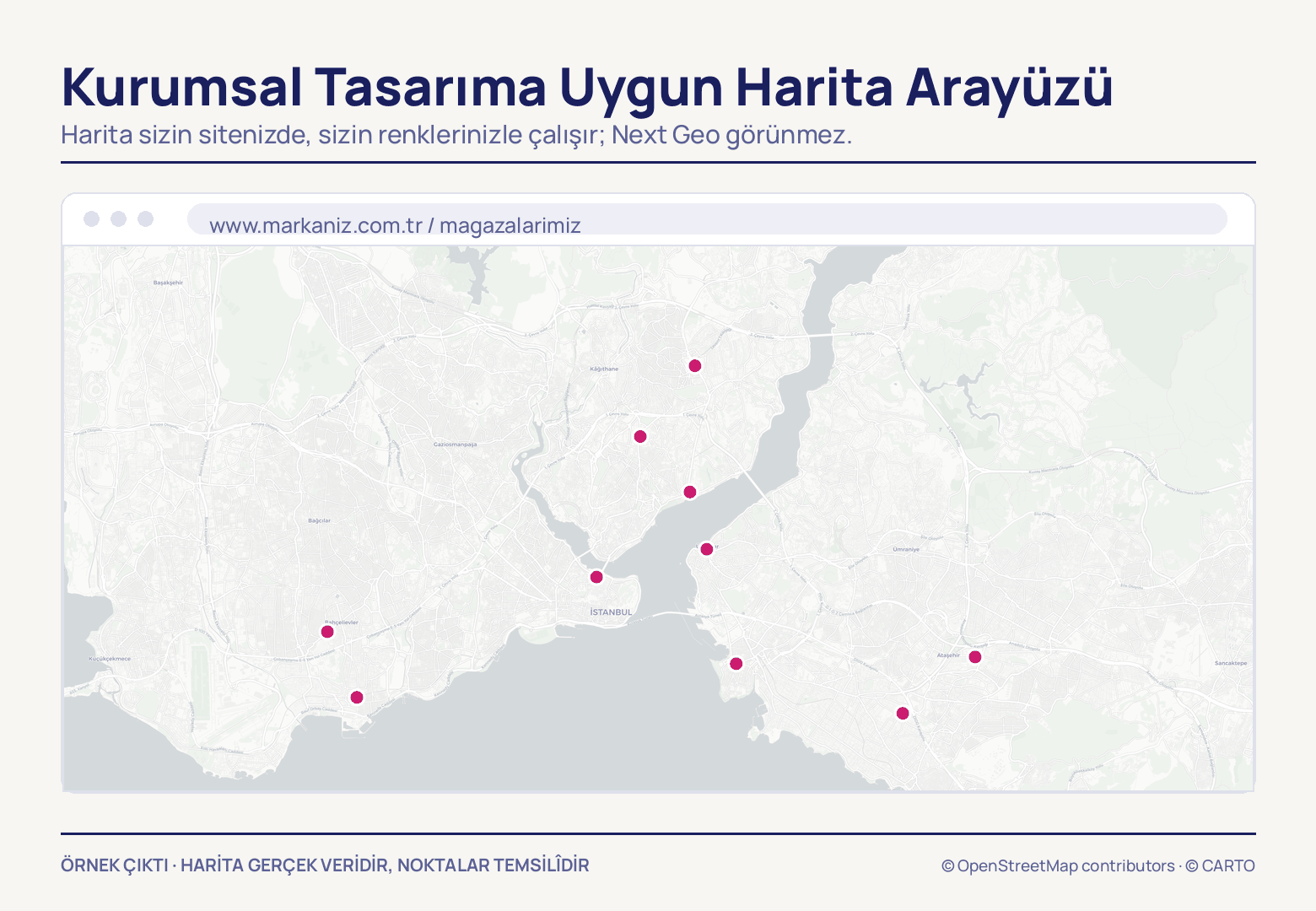 Tarayıcı penceresi çizimi: üstte üç yuvarlak ve markanın kendi adresini taşıyan çubuk, altında kenardan kenara İstanbul haritası ve iki yakaya dağılmış 10 magenta mağaza noktası.