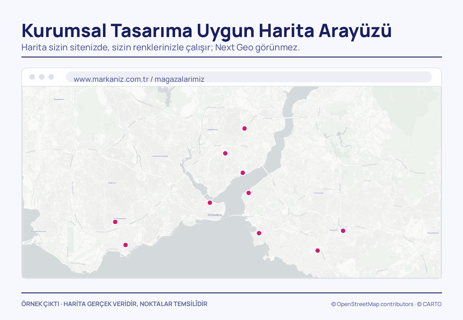 Tarayıcı penceresi çizimi: üstte üç yuvarlak ve markanın kendi adresini taşıyan çubuk, altında kenardan kenara İstanbul haritası ve iki yakaya dağılmış 10 magenta mağaza noktası.