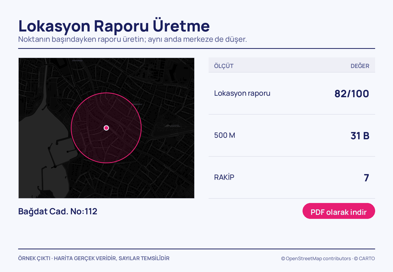 Koyu sokak haritasında Bağdat Cad. No:112 noktası pembe bir daireyle çevrili; sağdaki üç satırlık tabloda 82/100 skor, 500 metrede 31 B nüfus ve 7 rakip ile PDF indirme düğmesi.