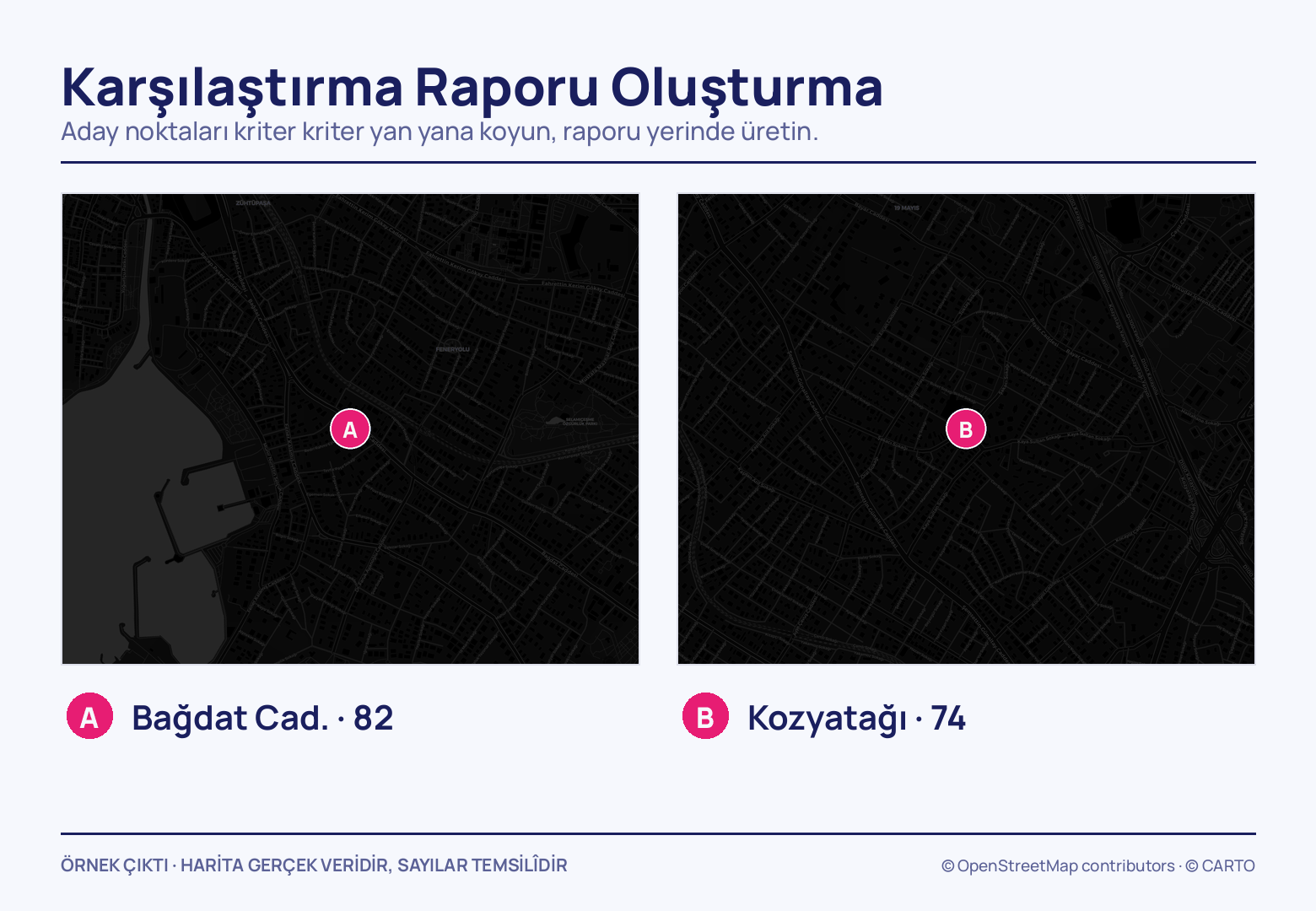 Yan yana iki koyu harita karesi; solda A işaretli Bağdat Cad., sağda B işaretli Kozyatağı, altlarında pembe rozetlerle 82 ve 74 puanları yazılı.