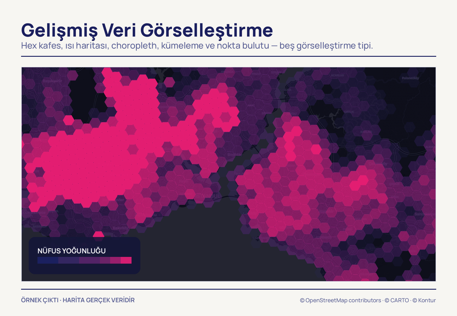 Suyun iki yakasındaki mahalleleri kaplayan altıgen kafes; hücreler koyu lacivertten parlak pembeye kadar renkleniyor, sol altta nüfus yoğunluğu renk skalası duruyor.