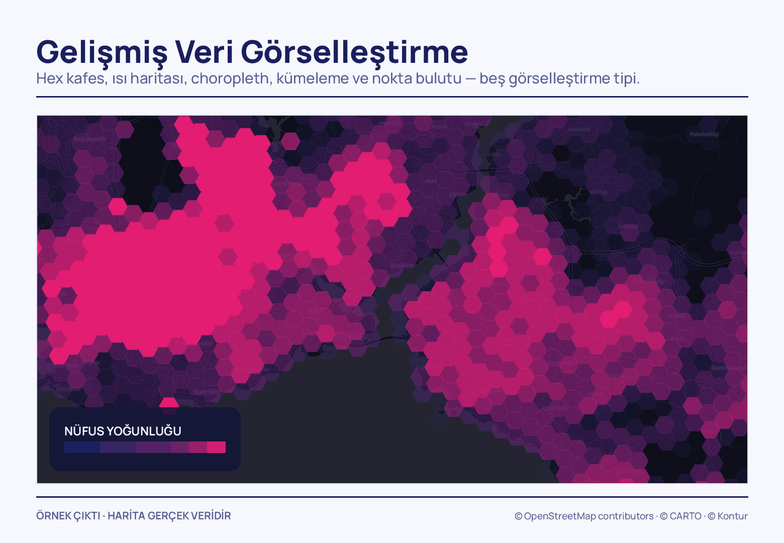Suyun iki yakasındaki mahalleleri kaplayan altıgen kafes; hücreler koyu lacivertten parlak pembeye kadar renkleniyor, sol altta nüfus yoğunluğu renk skalası duruyor.