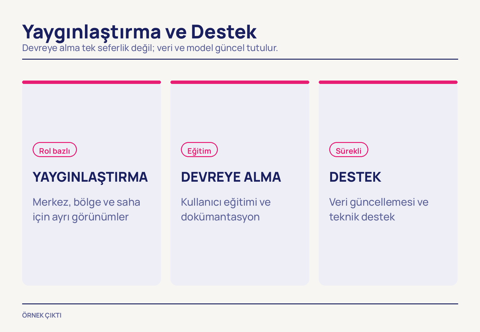 Üstleri pembe şeritle kapatılmış üç açık mor sütun; her biri Rol bazlı, Eğitim ve Sürekli etiketiyle başlıyor, ardından büyük harfli başlık ve iki satırlık açıklama geliyor.