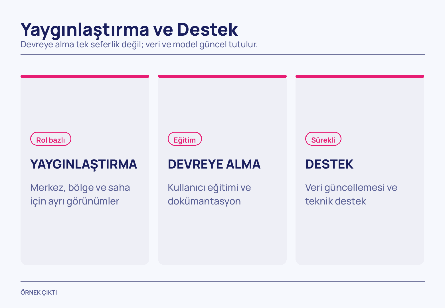 Üstleri pembe şeritle kapatılmış üç açık mor sütun; her biri Rol bazlı, Eğitim ve Sürekli etiketiyle başlıyor, ardından büyük harfli başlık ve iki satırlık açıklama geliyor.