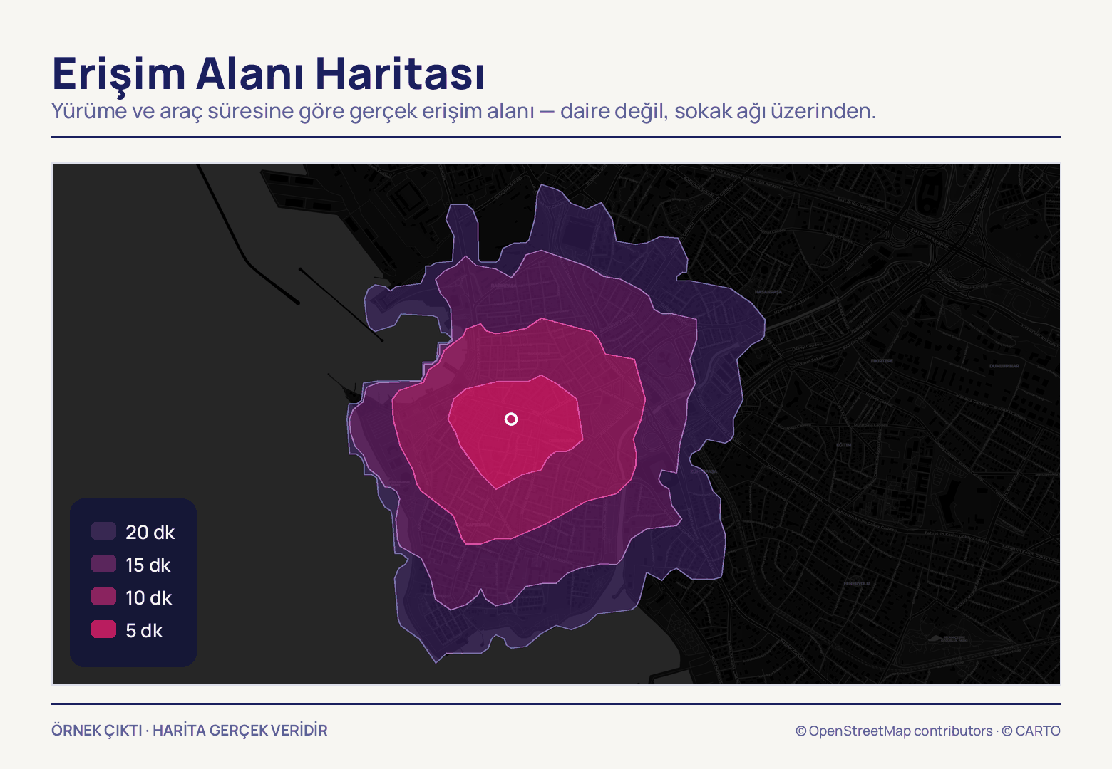 Koyu sokak haritasında beyaz noktanın çevresinde iç içe geçmiş dört düzensiz alan; merkezdeki parlak pembeden dışa doğru mora geçiyor, sol alt lejantta 20, 15, 10 ve 5 dk.