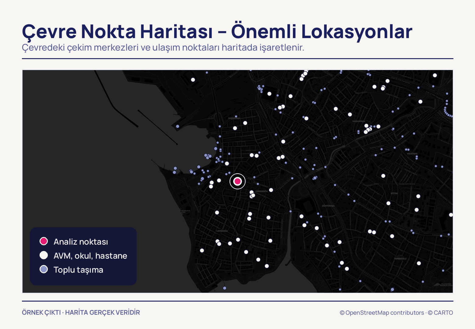 Koyu haritanın ortasında beyaz halkalı pembe analiz noktası; çevreye dağılmış beyaz noktalar AVM, okul ve hastaneleri, açık mavi noktalar toplu taşımayı gösteriyor.