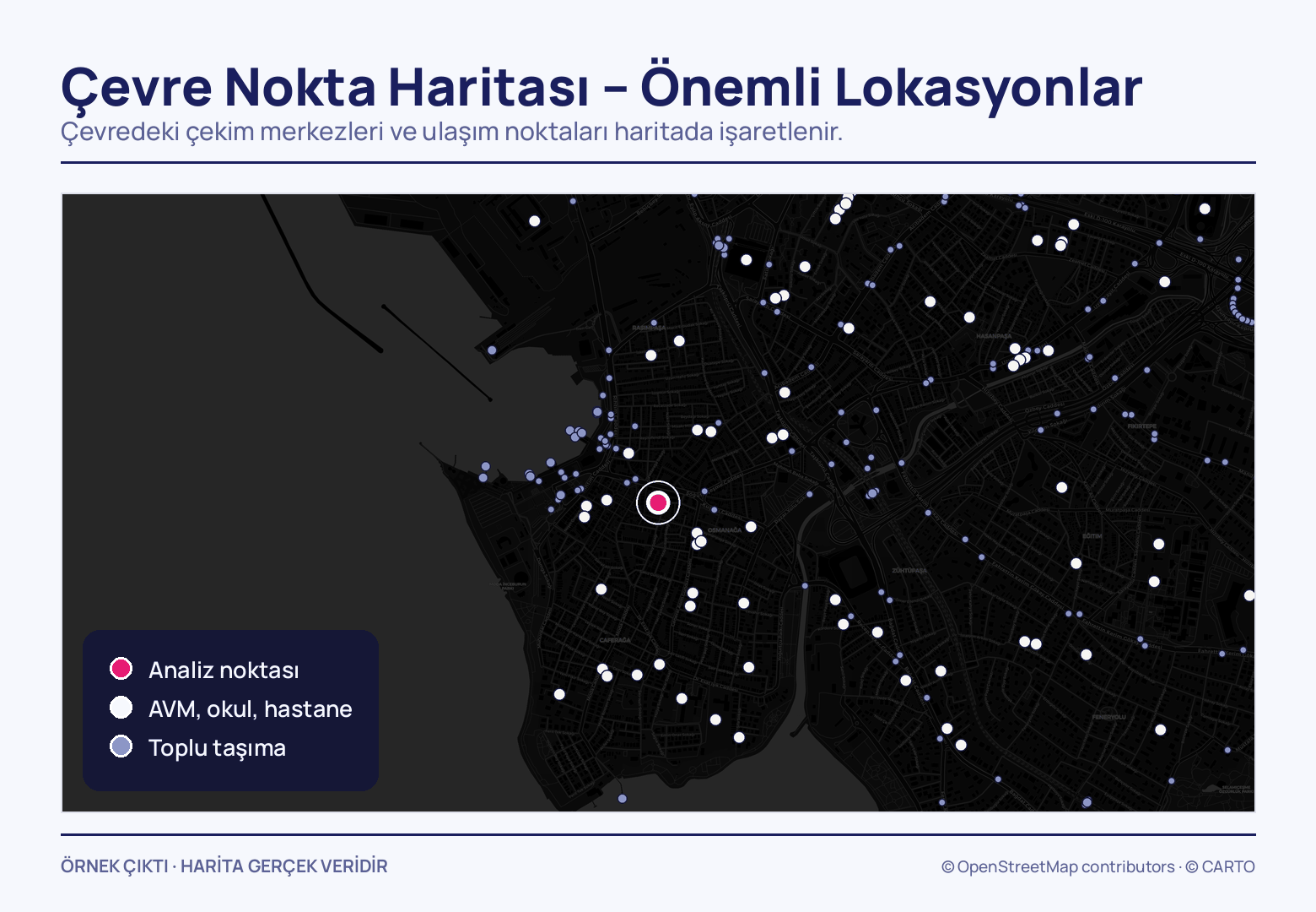 Koyu haritanın ortasında beyaz halkalı pembe analiz noktası; çevreye dağılmış beyaz noktalar AVM, okul ve hastaneleri, açık mavi noktalar toplu taşımayı gösteriyor.