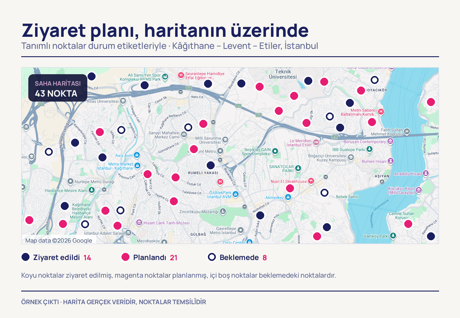Kâğıthane, 4. Levent, Etiler ve Boğaz'ın bir bölümünü gösteren İstanbul sokak haritası; üzerine dağılmış lacivert, magenta ve içi boş yuvarlak işaretler, sol üst köşede toplam nokta sayısını veren koyu etiket.